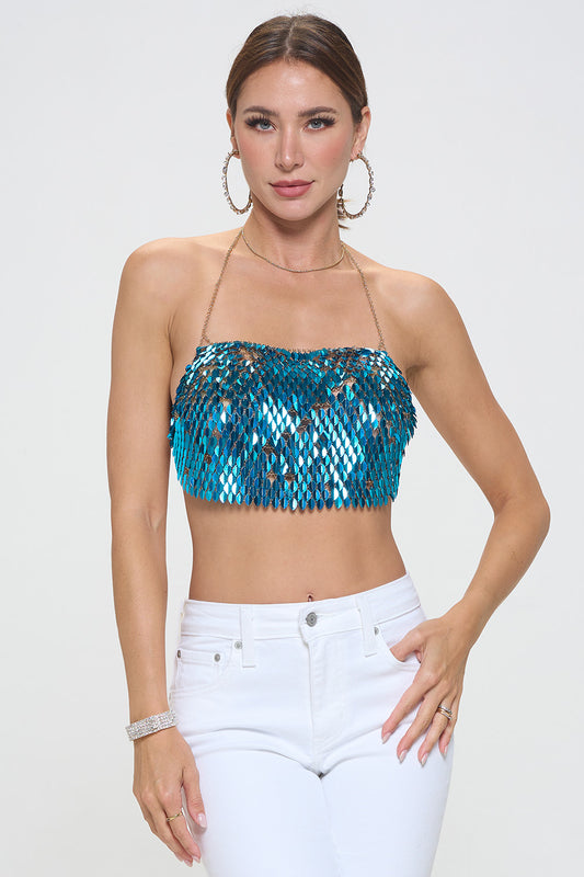 IRIDESCENT METALLIC MERMAID SEQUIN HALTER TOP