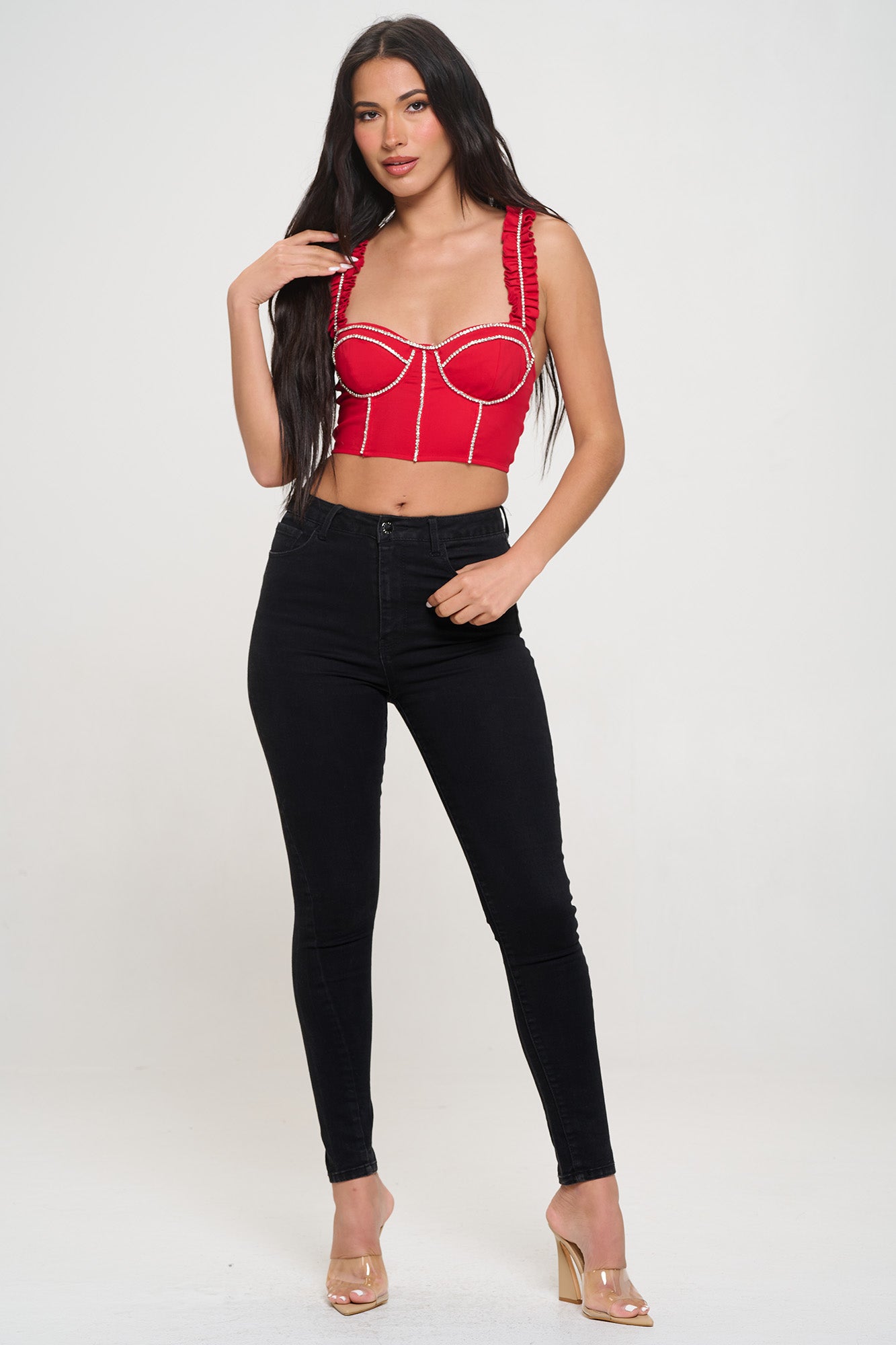 RHINESTONE TRIM DETAIL RUFFLE SHOULDER STRAP CROP TOP