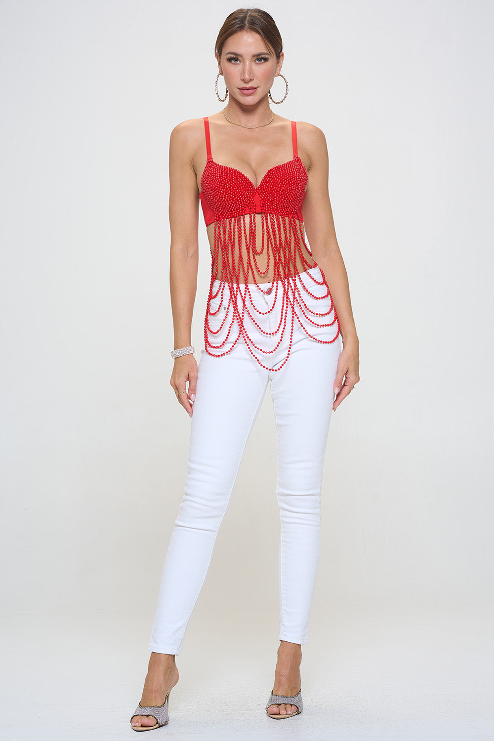 SOLID PEARL BEADING CHAIN LAYERED BRA TOP_D7270