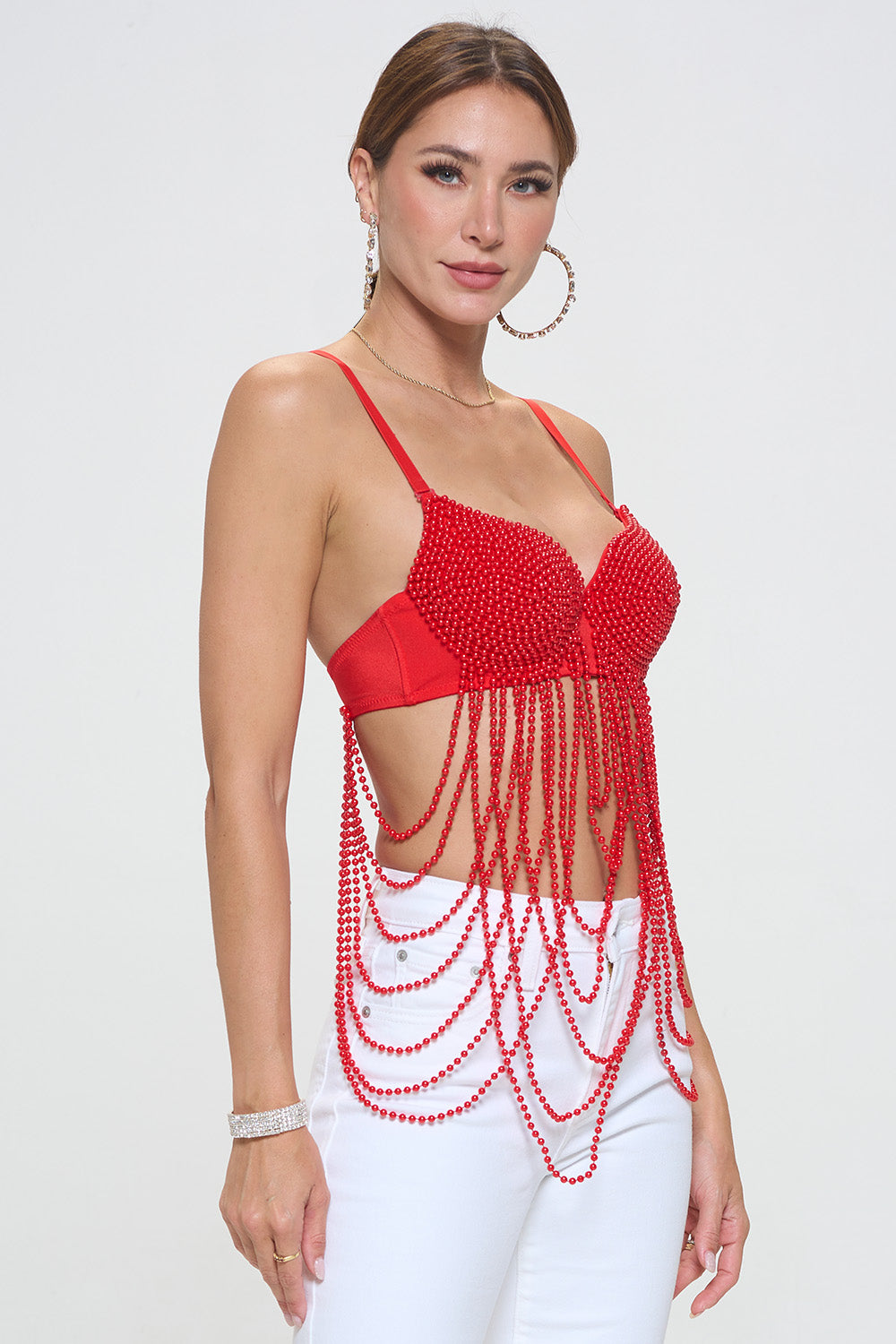 SOLID PEARL BEADING CHAIN LAYERED BRA TOP_D7270