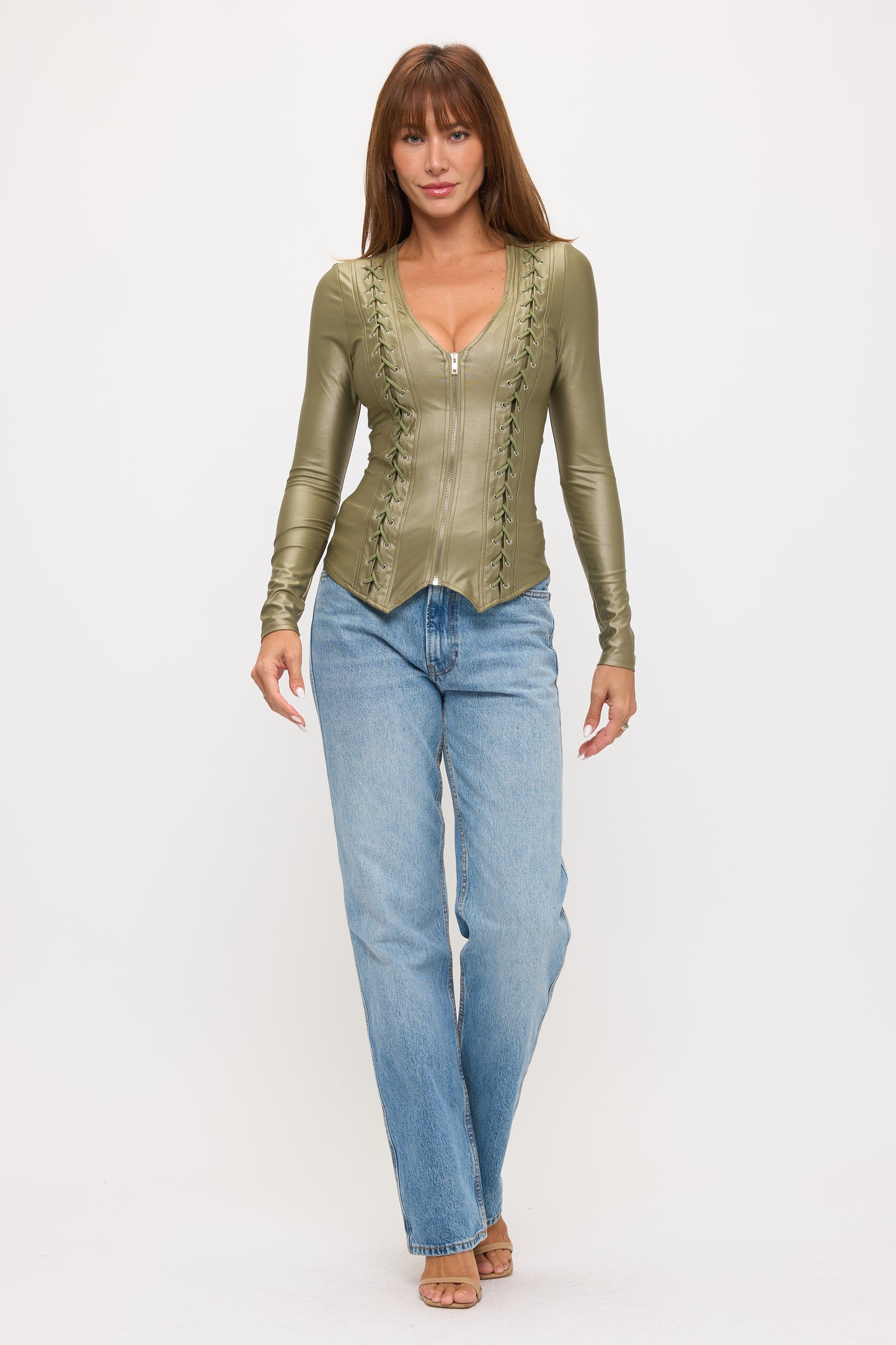 LACE-UP DETAIL ZIP UP LONG SLEEVE JACKET_D6730