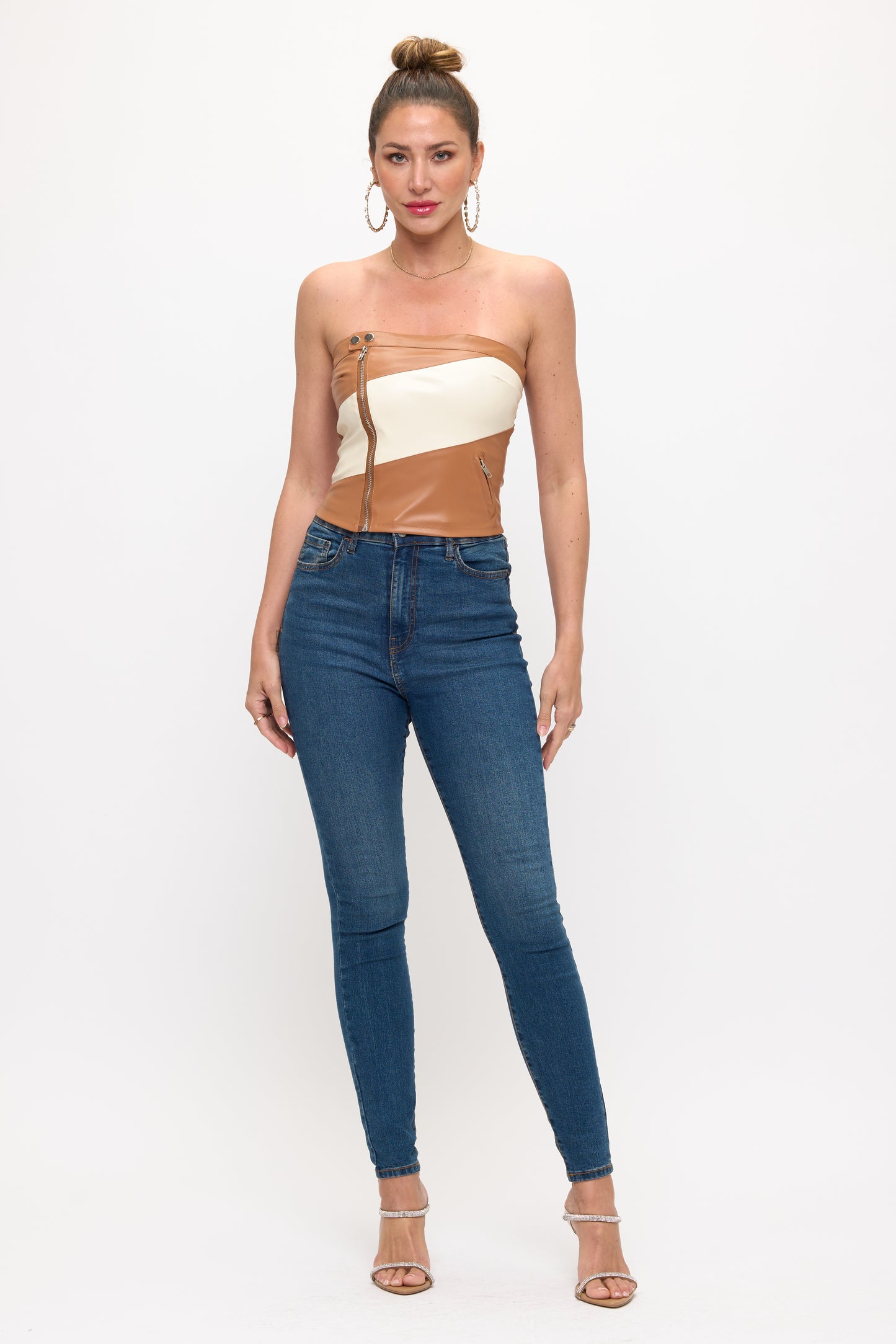 Two-Tone Strapless Moto-Inspired Crop Top