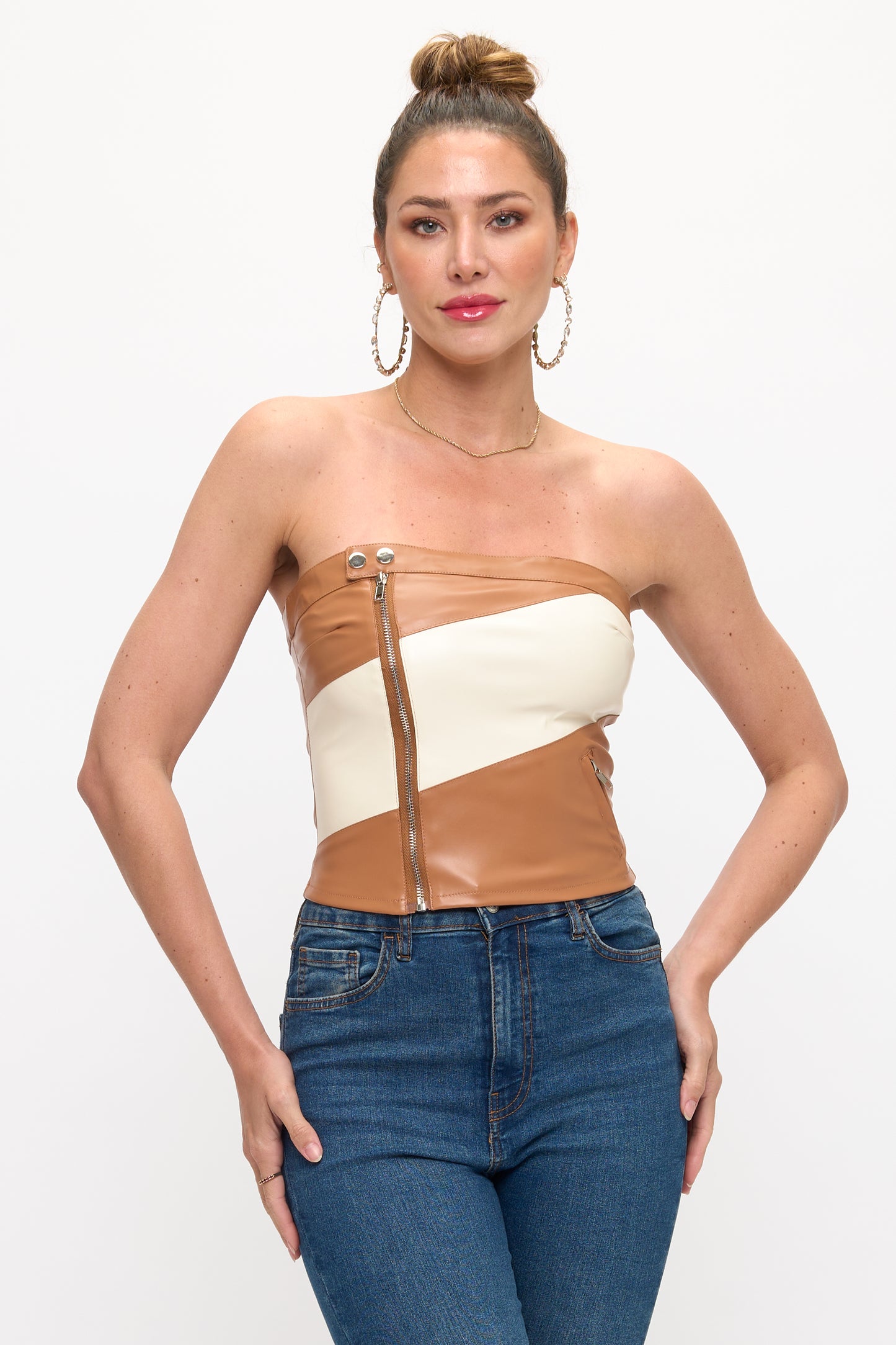 Two-Tone Strapless Moto-Inspired Crop Top