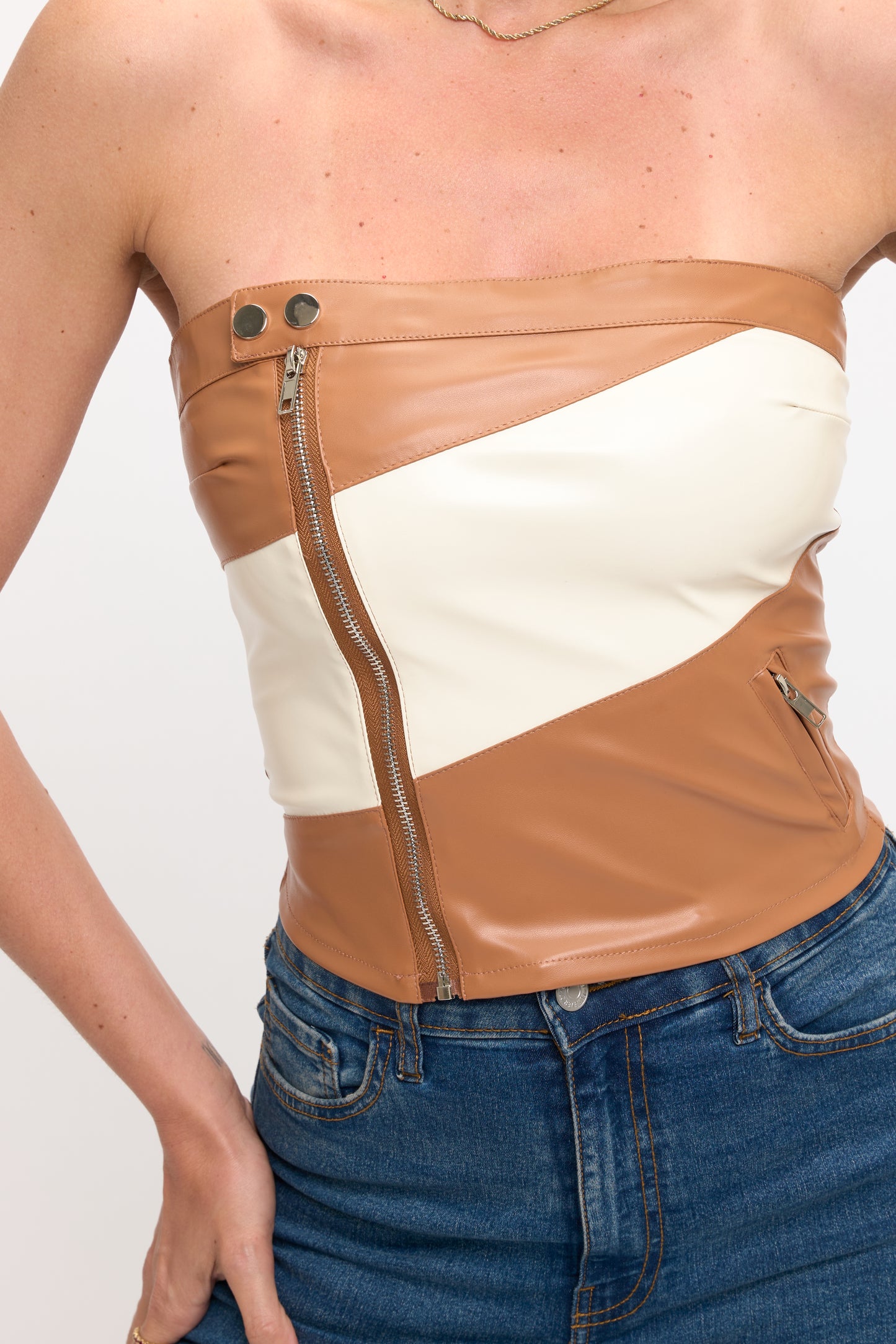 Two-Tone Strapless Moto-Inspired Crop Top