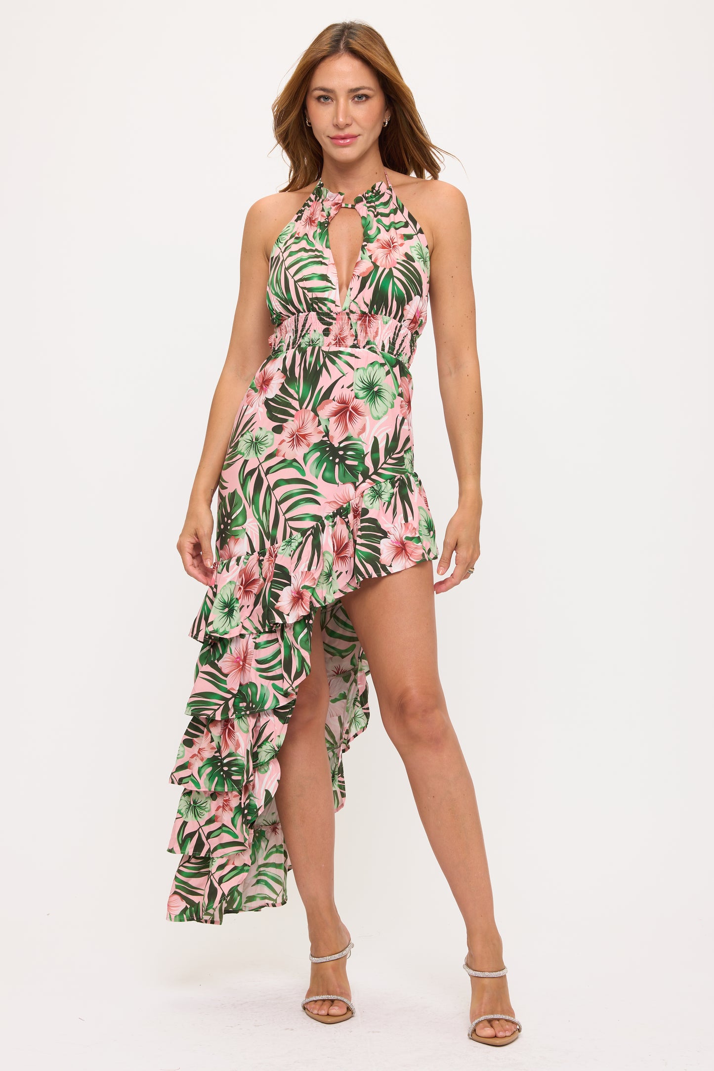 Tropical Ruffle High-Low Halter Dress