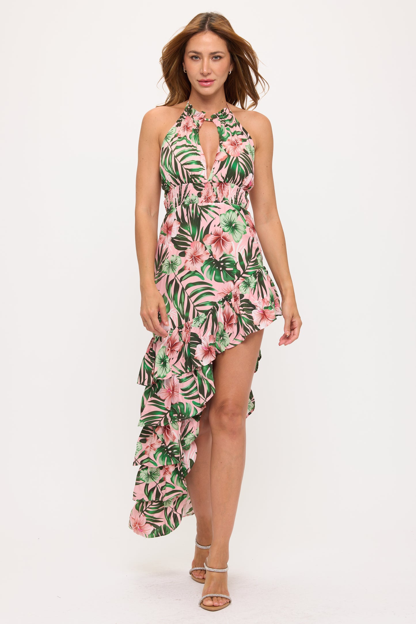 Tropical Ruffle High-Low Halter Dress