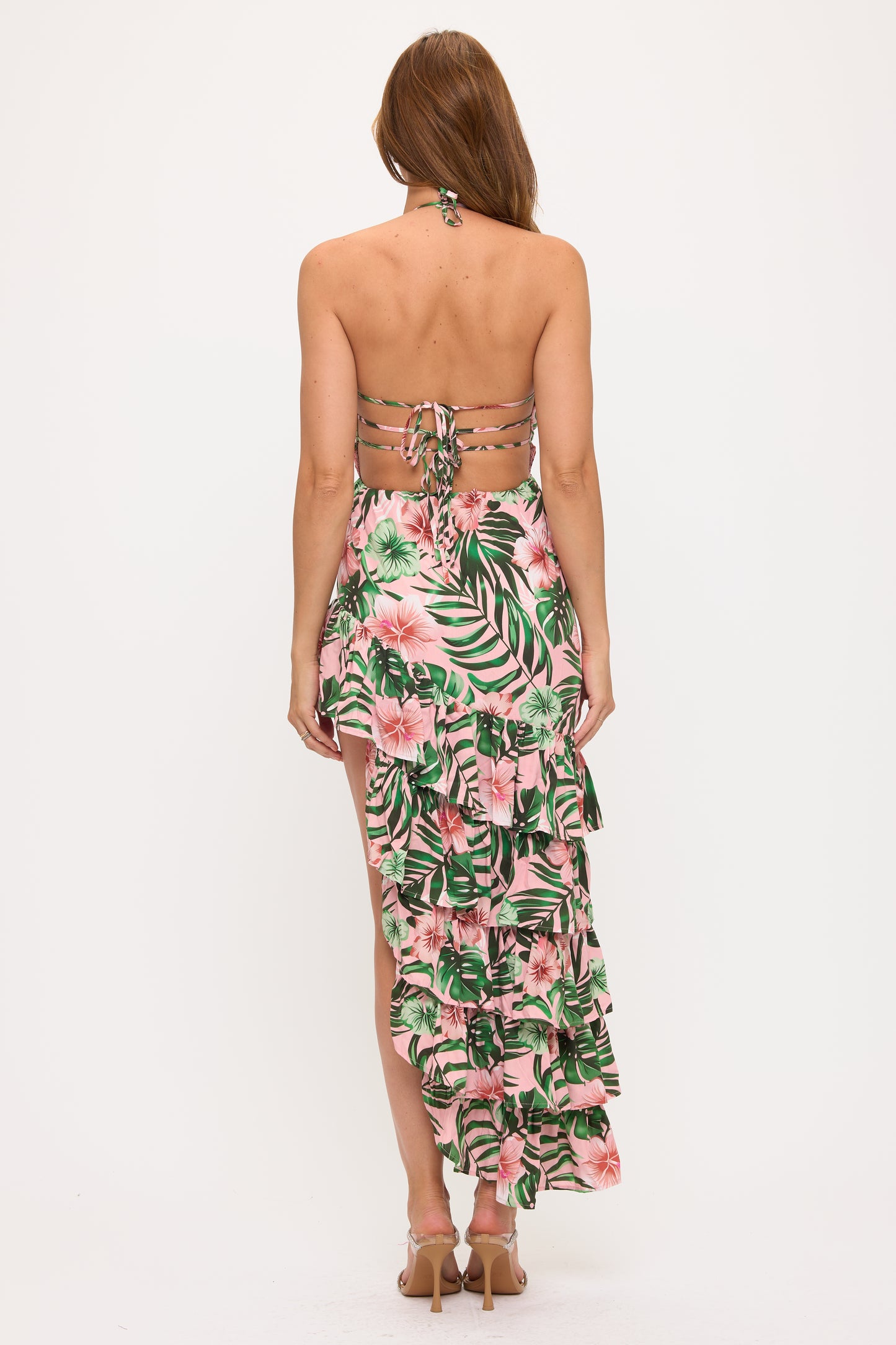 Tropical Ruffle High-Low Halter Dress