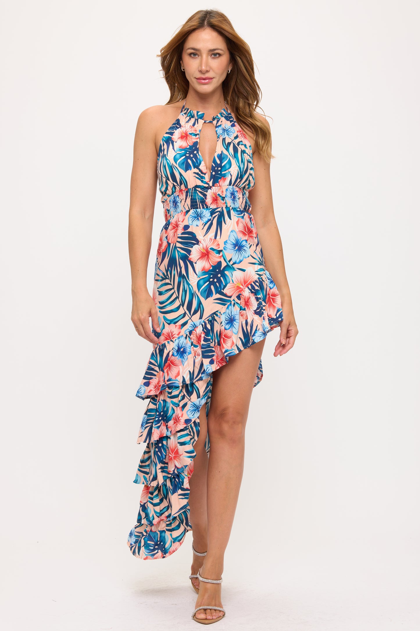 Tropical Ruffle High-Low Halter Dress