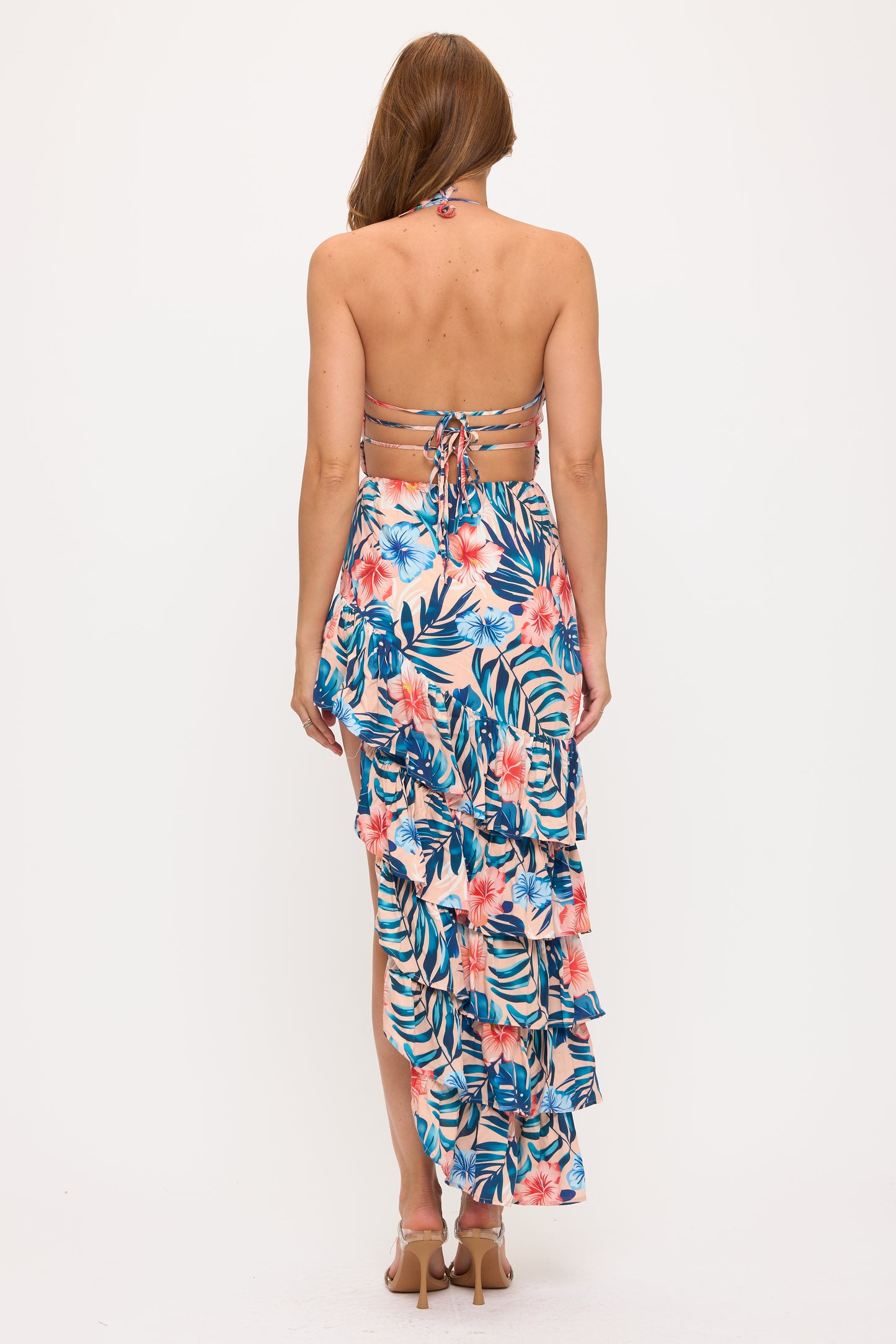 Tropical Ruffle High-Low Halter Dress