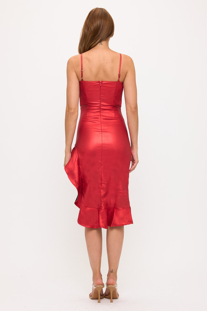 Sultry Shine Ruffle Midi Dress
