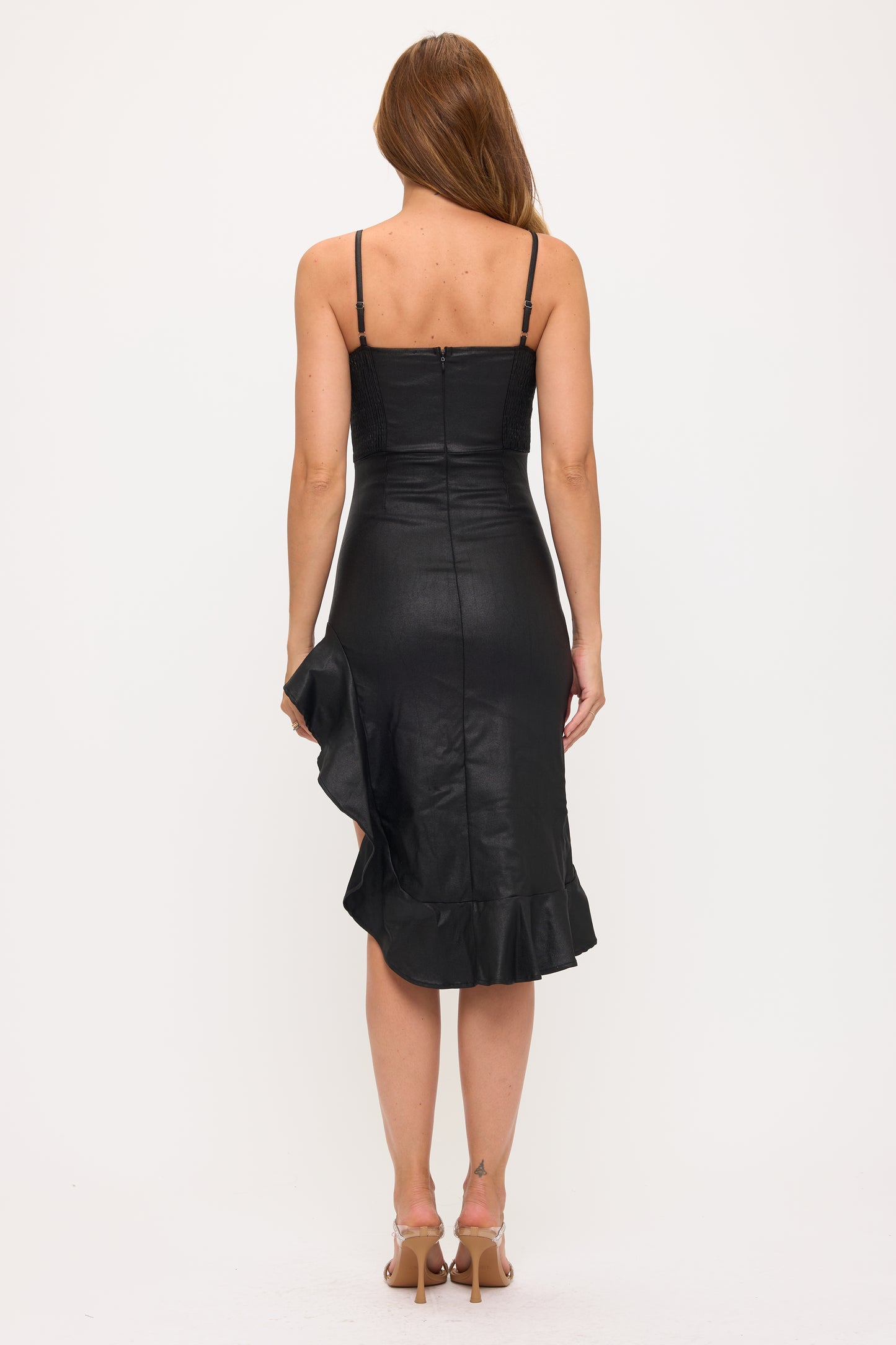 Sultry Shine Ruffle Midi Dress