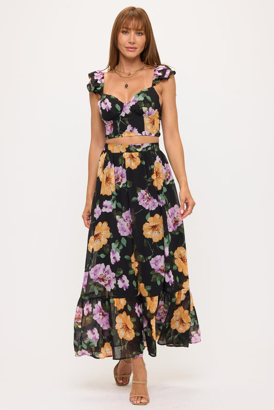 Floral Puff Sleeve Crop Top & Maxi Skirt Set
