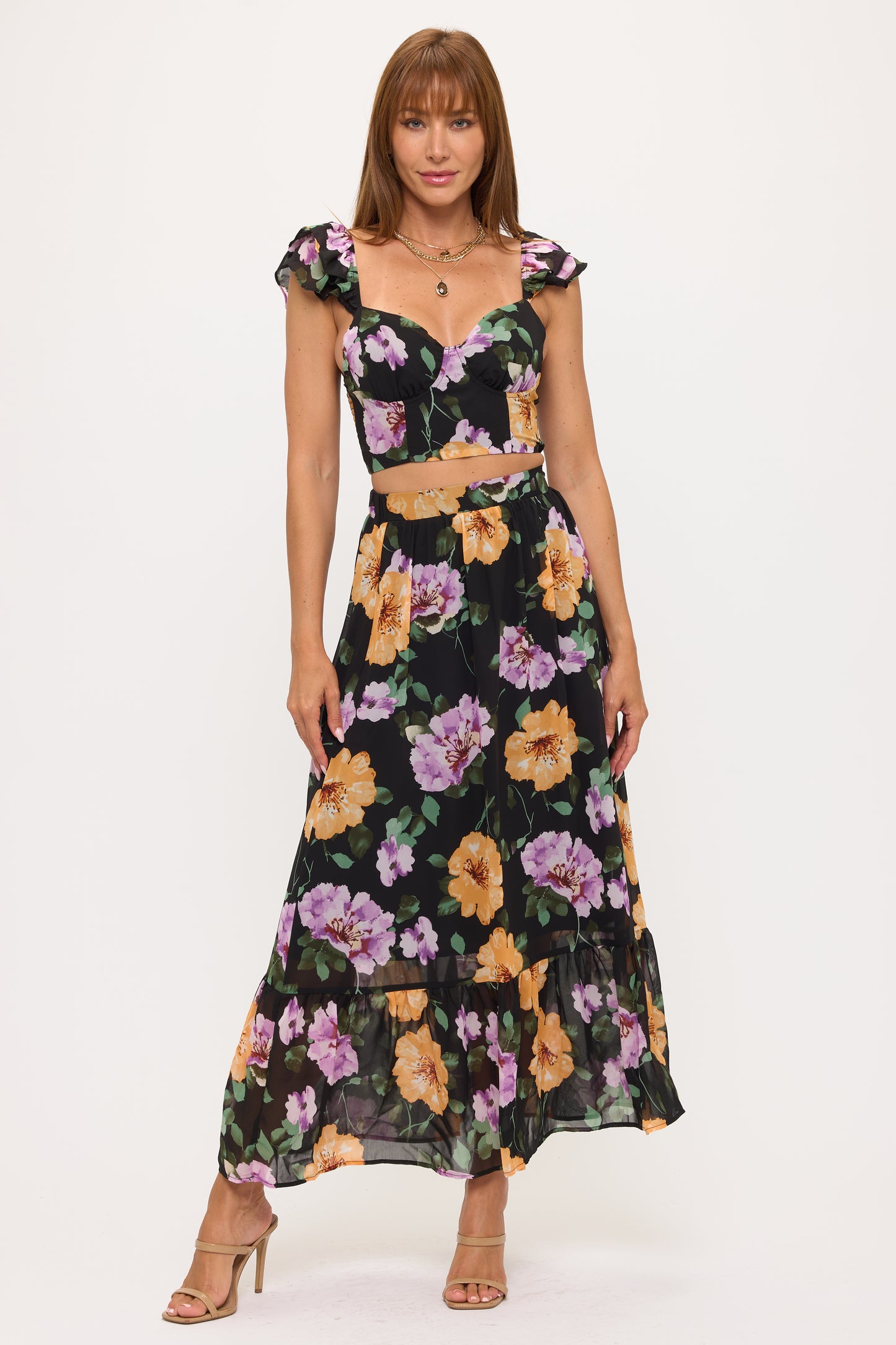 Floral Puff Sleeve Crop Top & Maxi Skirt Set