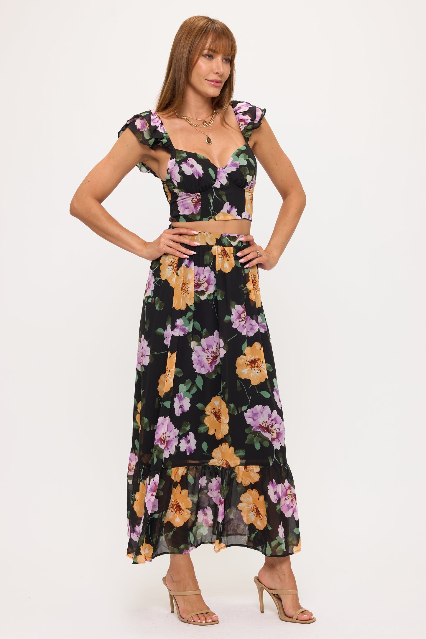 Floral Puff Sleeve Crop Top & Maxi Skirt Set