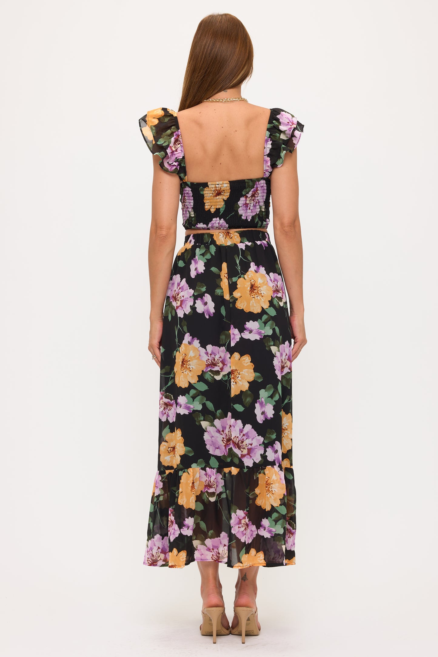 Floral Puff Sleeve Crop Top & Maxi Skirt Set