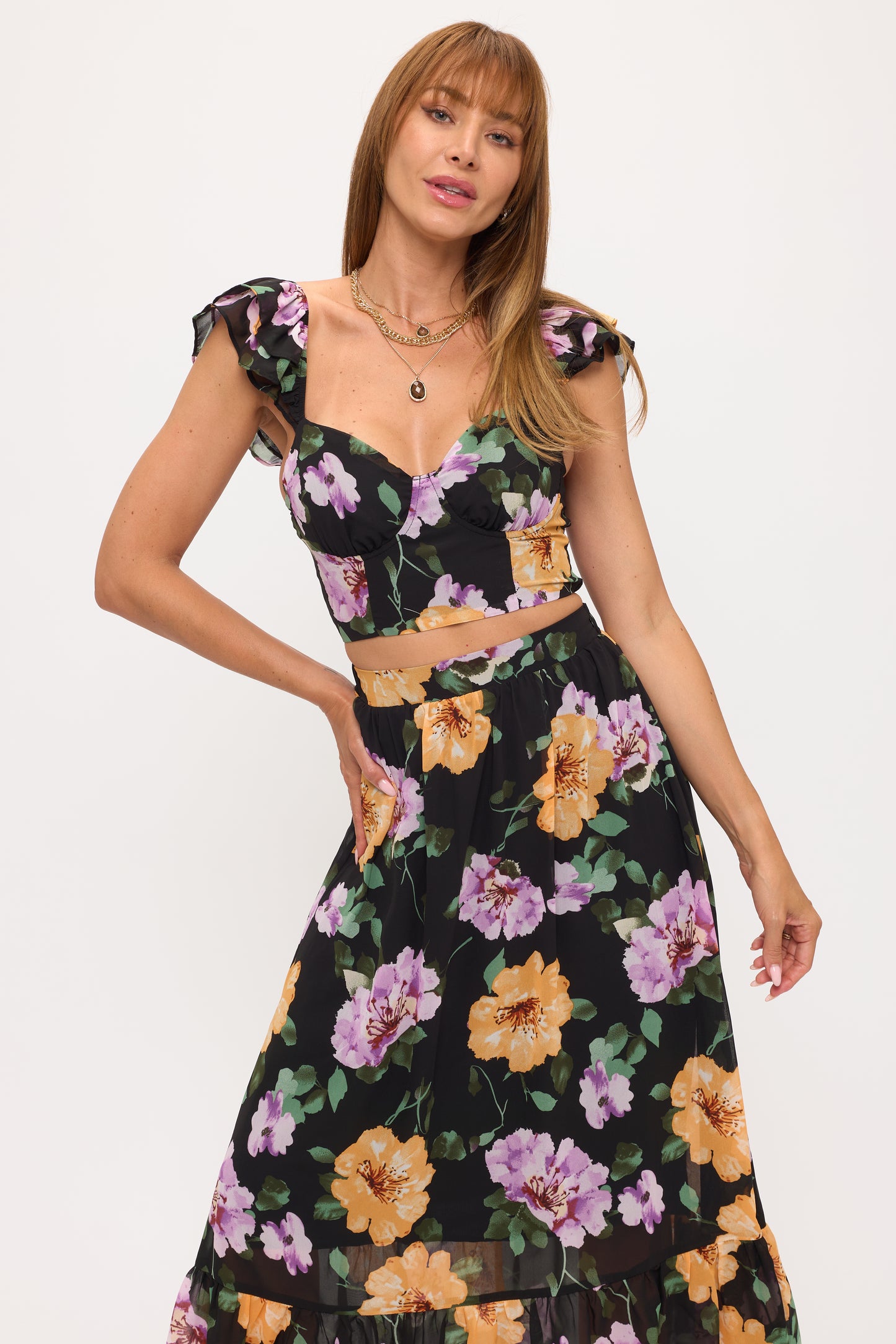 Floral Puff Sleeve Crop Top & Maxi Skirt Set