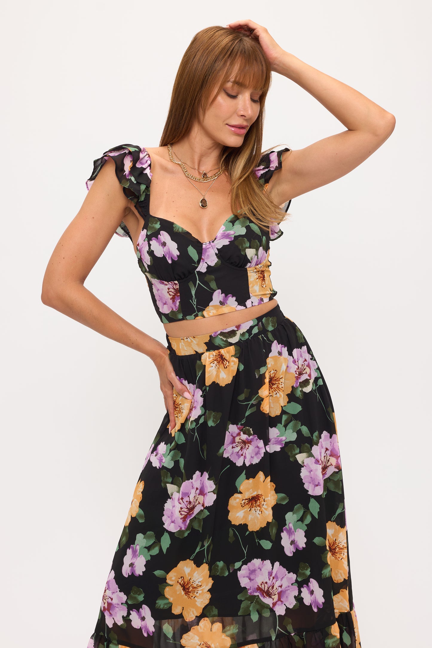 Floral Puff Sleeve Crop Top & Maxi Skirt Set