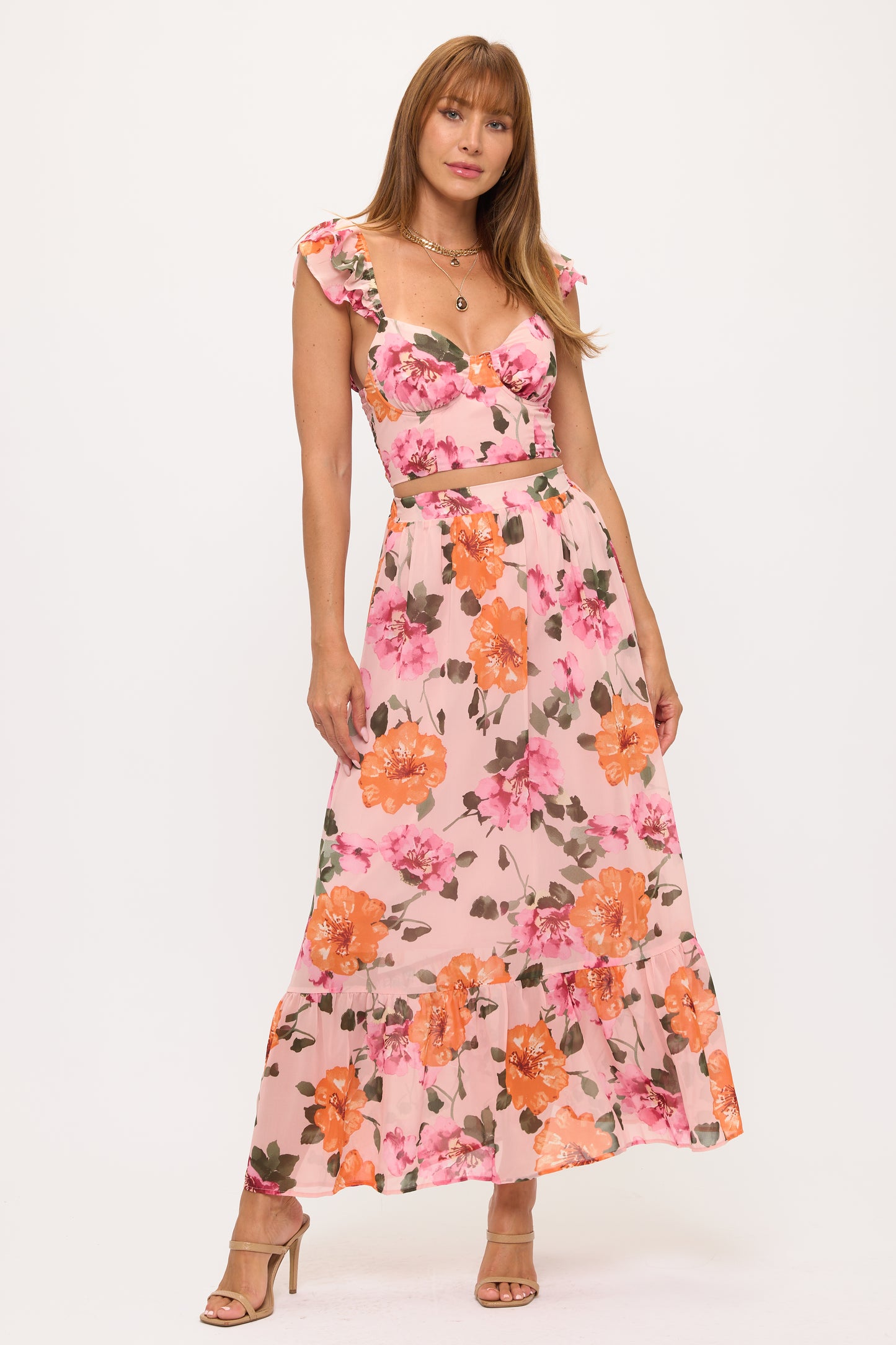 Floral Puff Sleeve Crop Top & Maxi Skirt Set