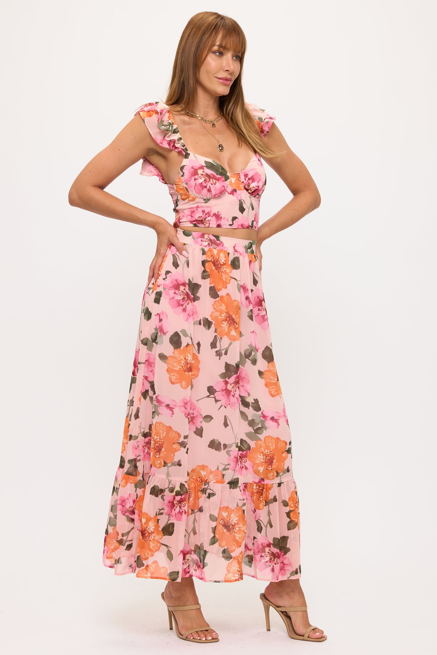 Floral Puff Sleeve Crop Top & Maxi Skirt Set