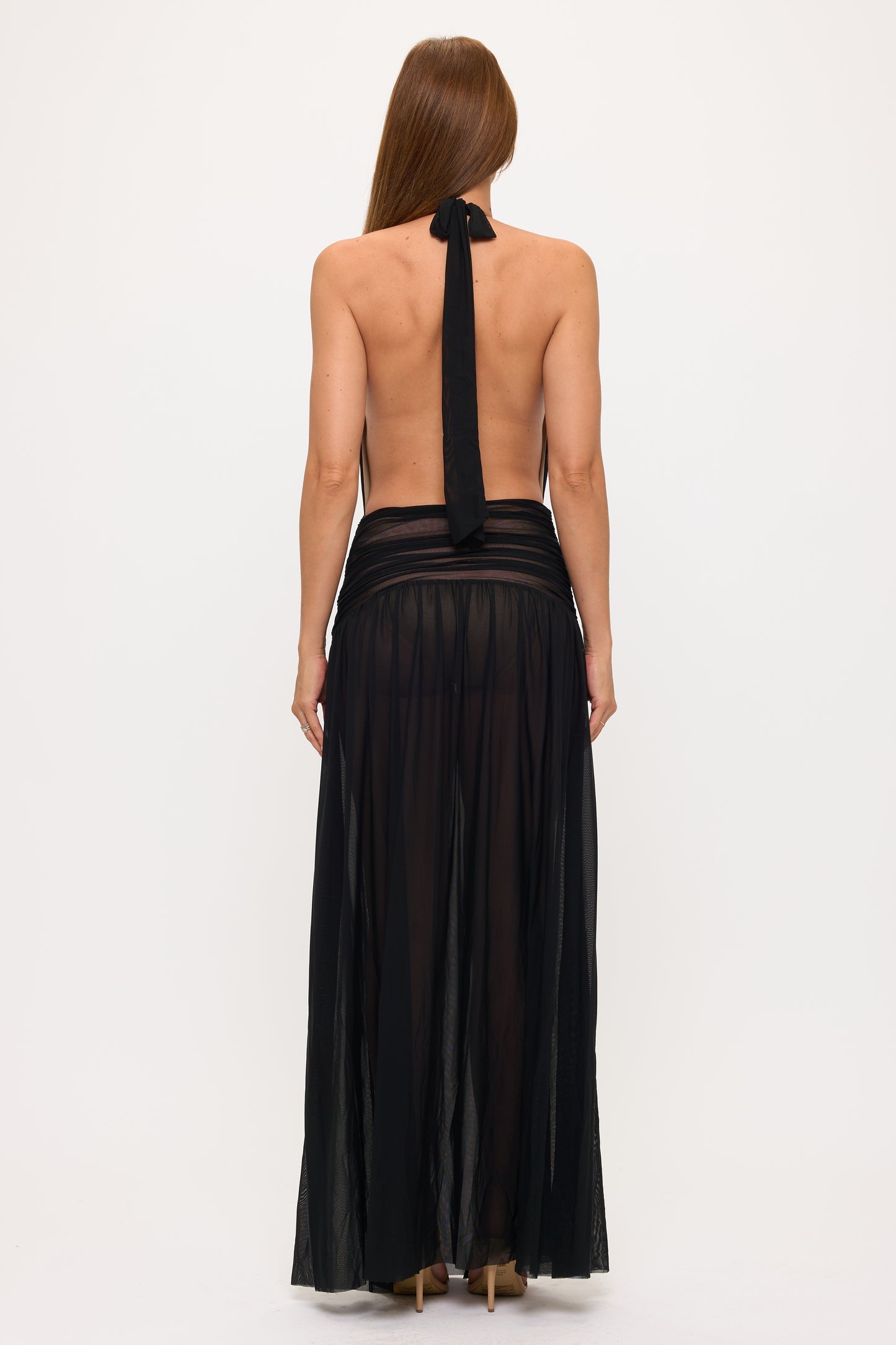Sexy Plunging Halter Neck Ruched Mesh Maxi Dress