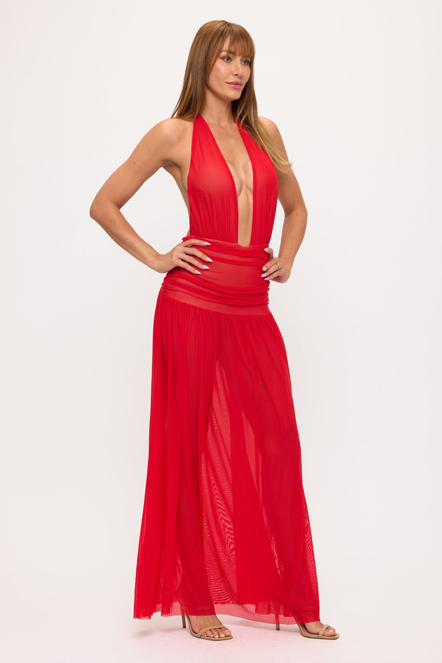 Sexy Plunging Halter Neck Ruched Mesh Maxi Dress