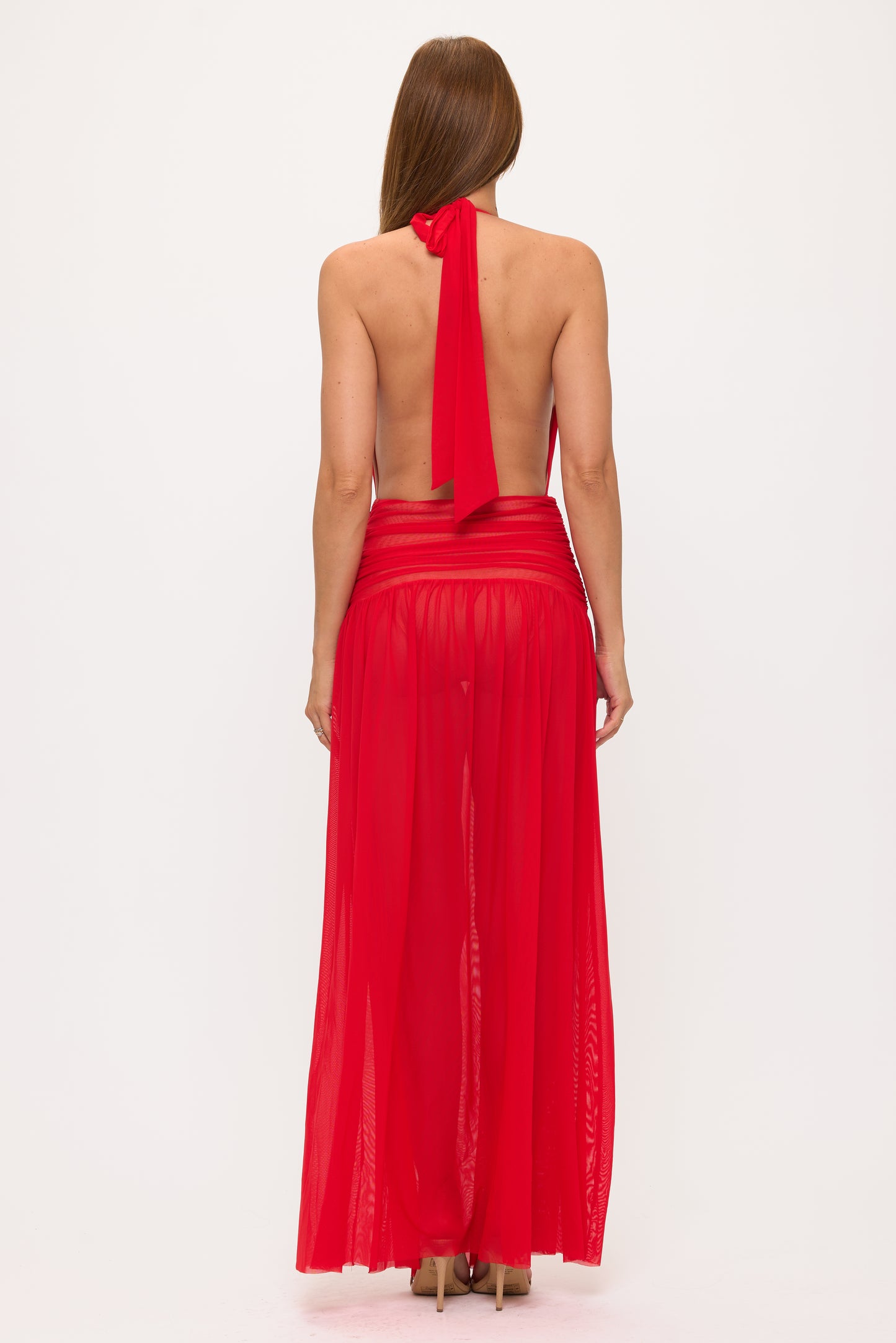 Sexy Plunging Halter Neck Ruched Mesh Maxi Dress