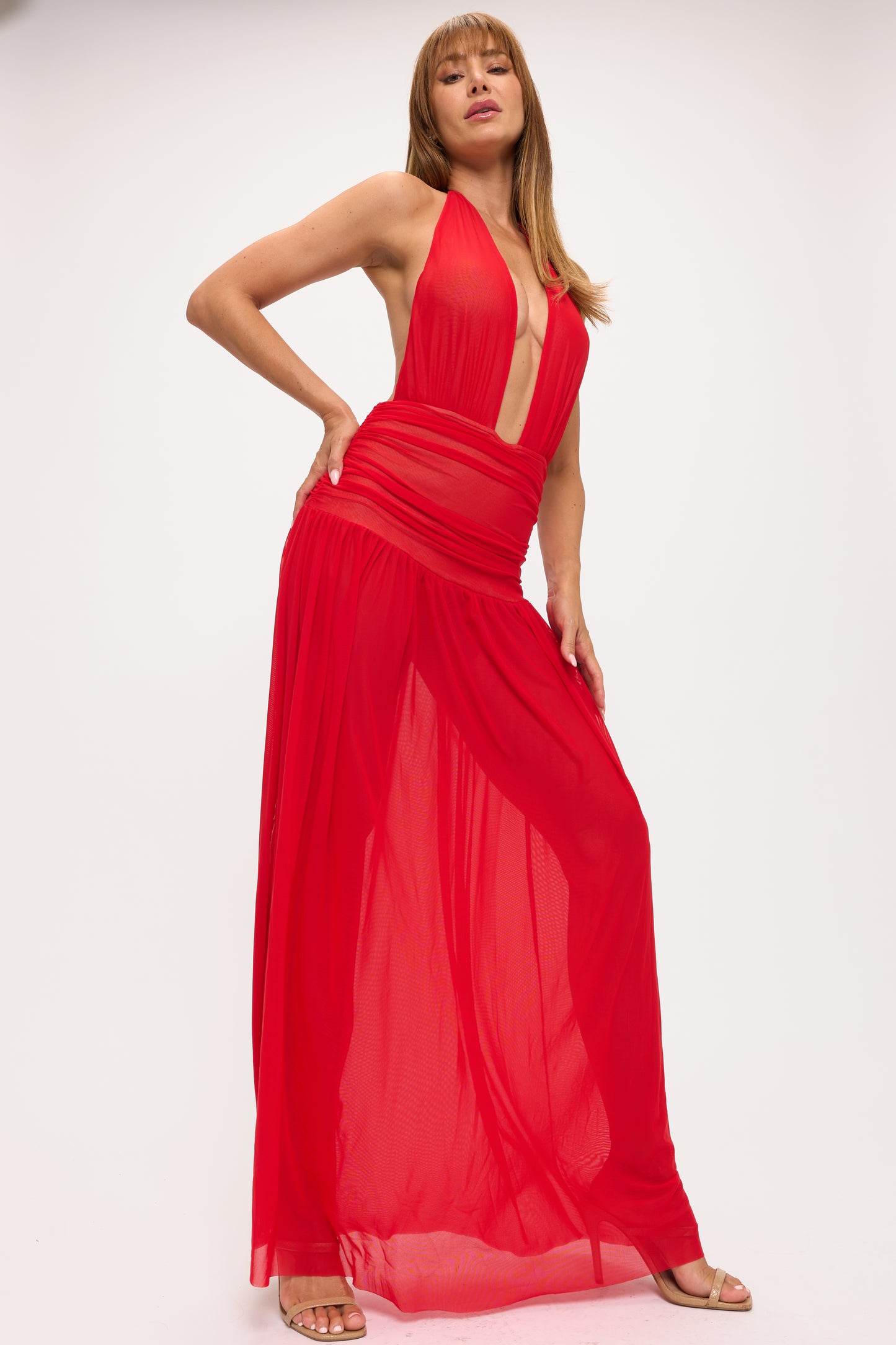 Sexy Plunging Halter Neck Ruched Mesh Maxi Dress