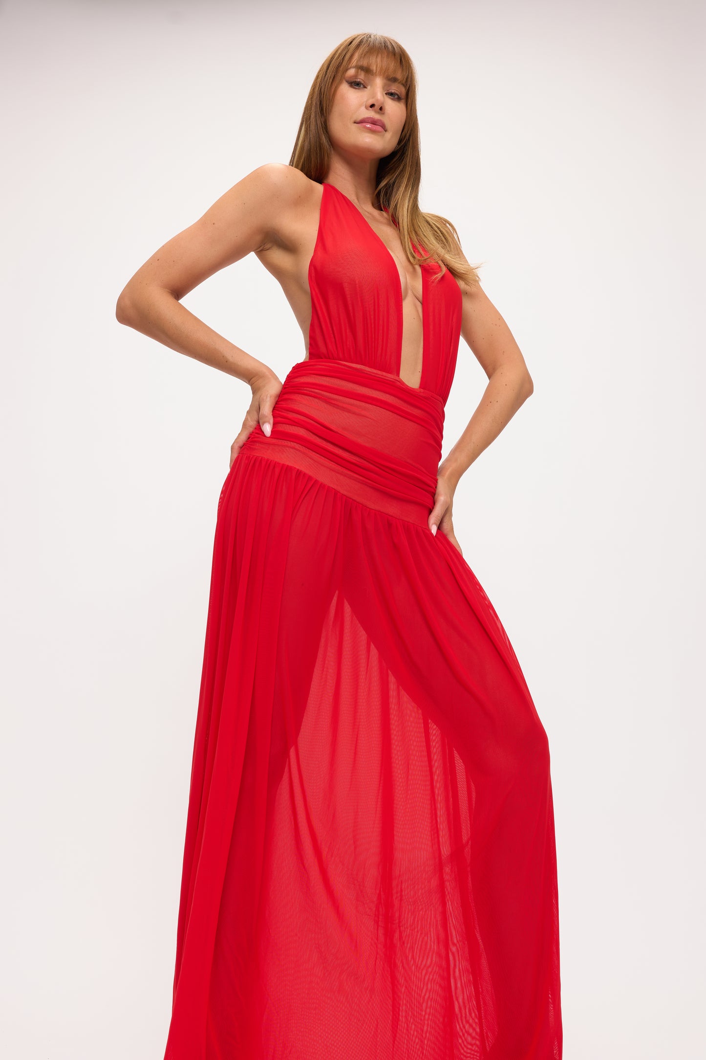 Sexy Plunging Halter Neck Ruched Mesh Maxi Dress