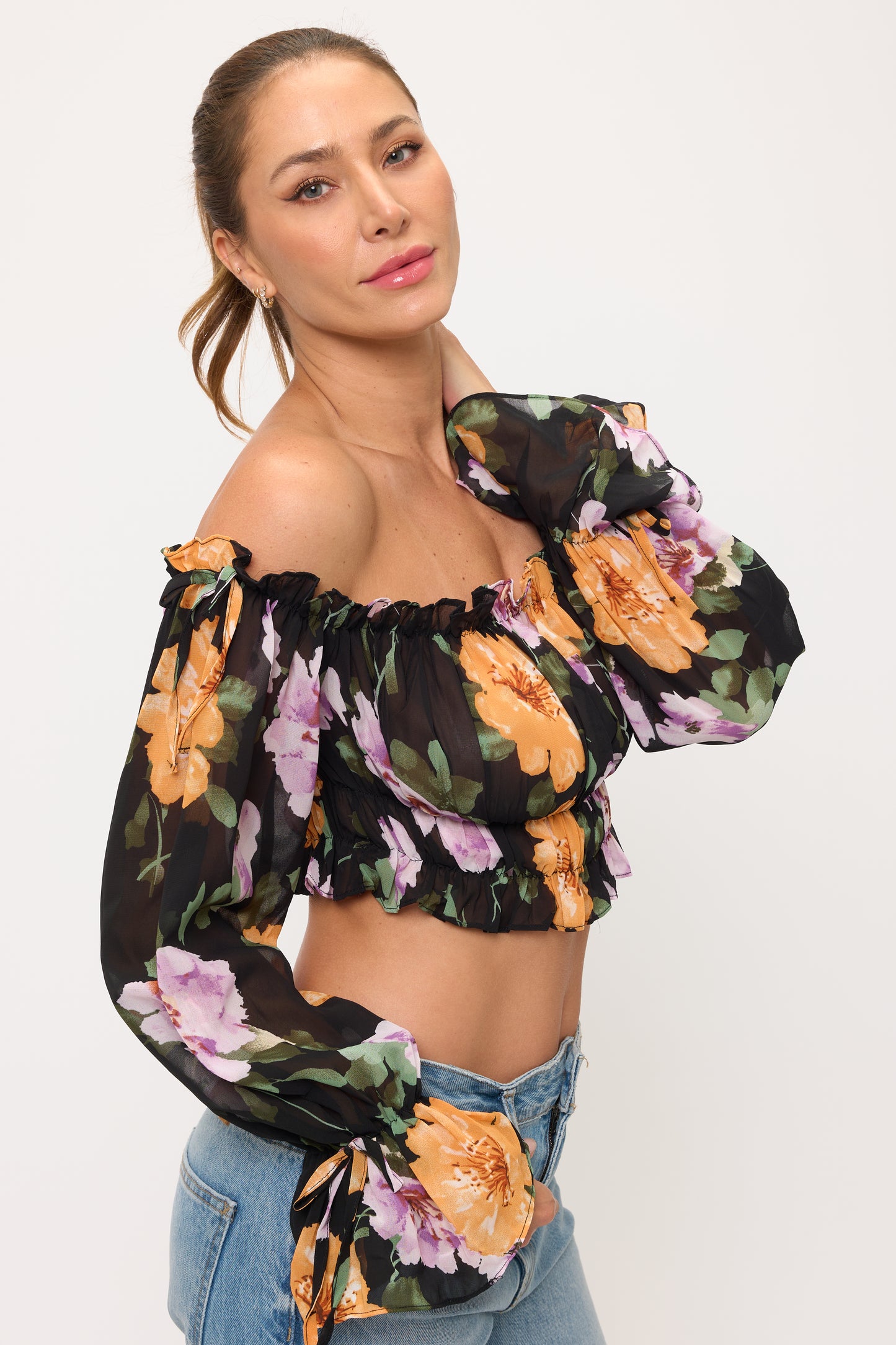 Floral Off Shoulder Ruffle Crop Top