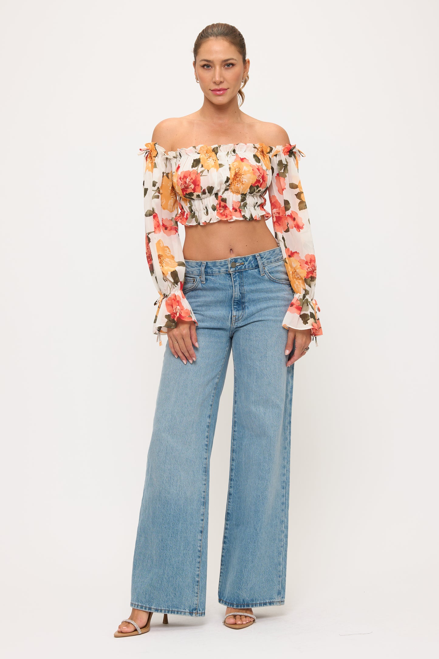 Floral Off Shoulder Ruffle Crop Top