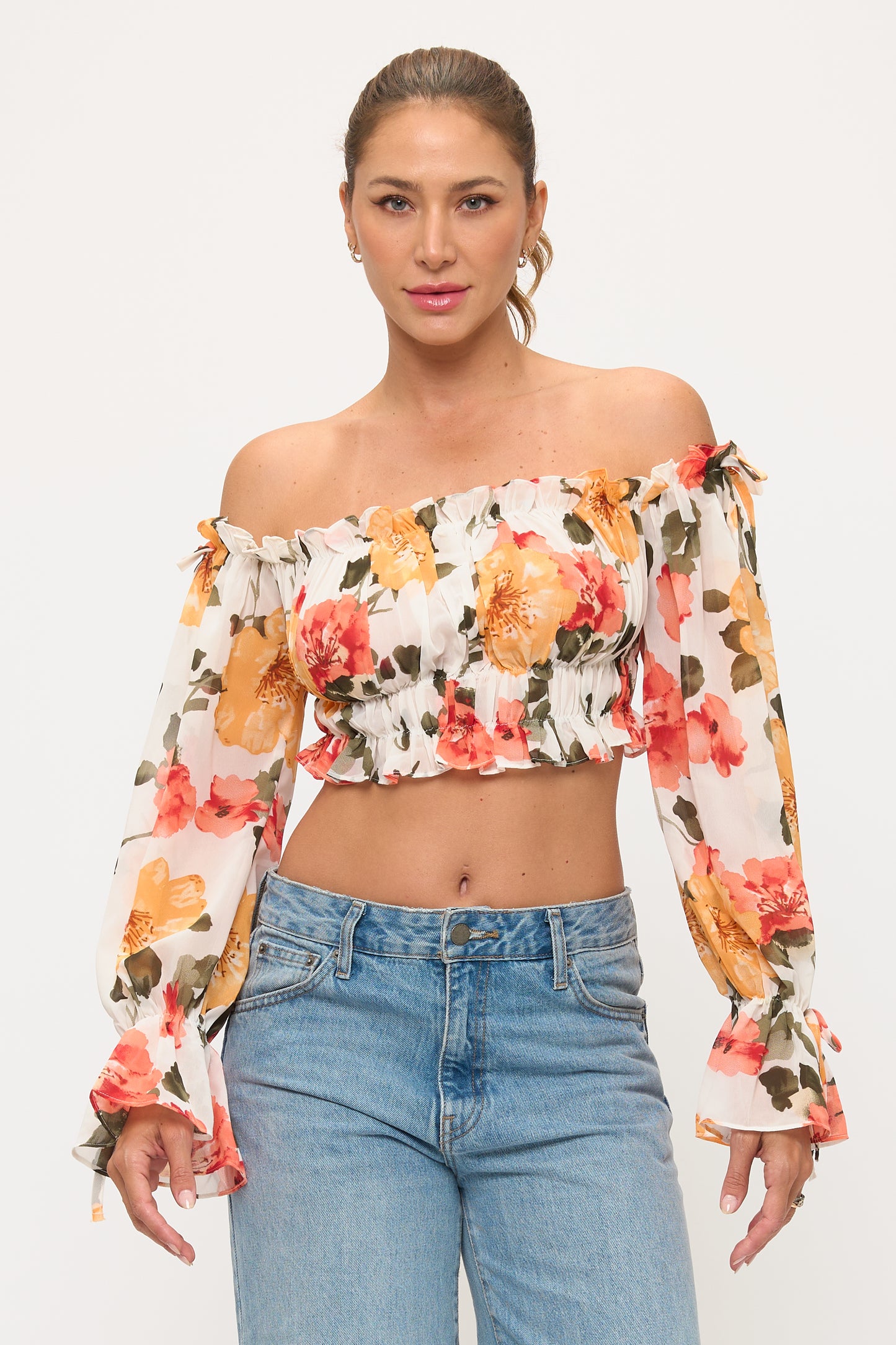 Floral Off Shoulder Ruffle Crop Top