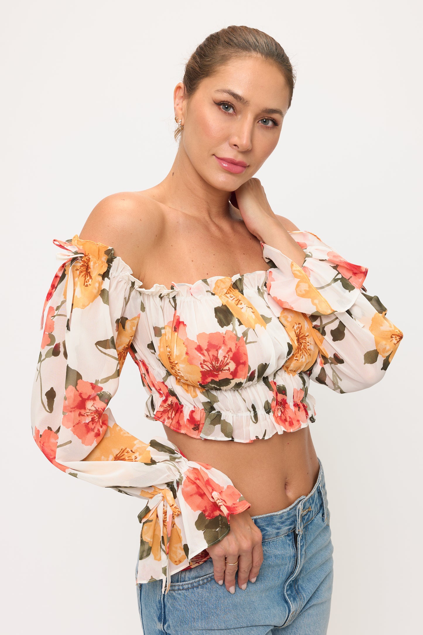 Floral Off Shoulder Ruffle Crop Top