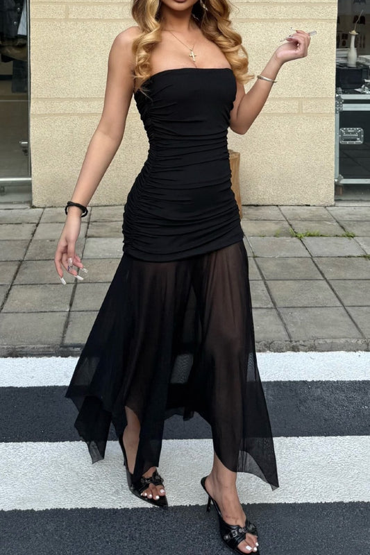 Chic Black Strapless Ruched Sheer Maxi Dress