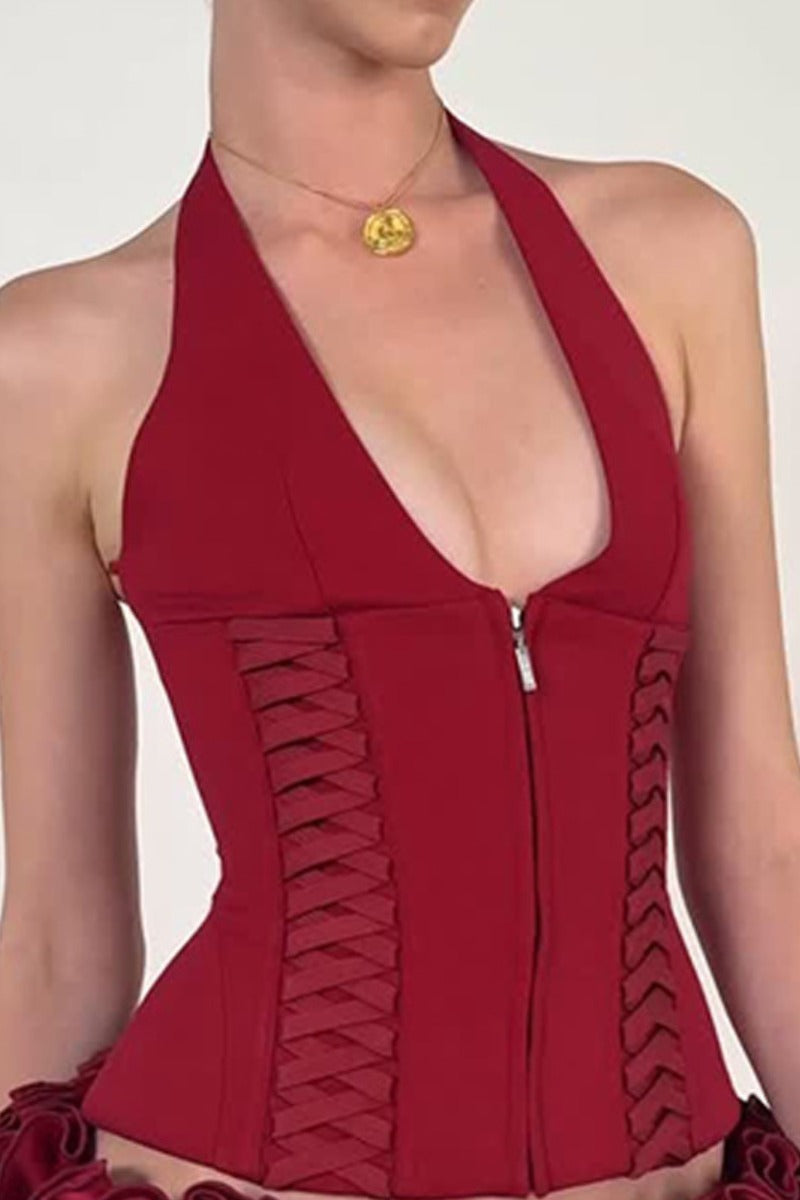 Sleek Halter Zip-Up Corset with Lattice Sides