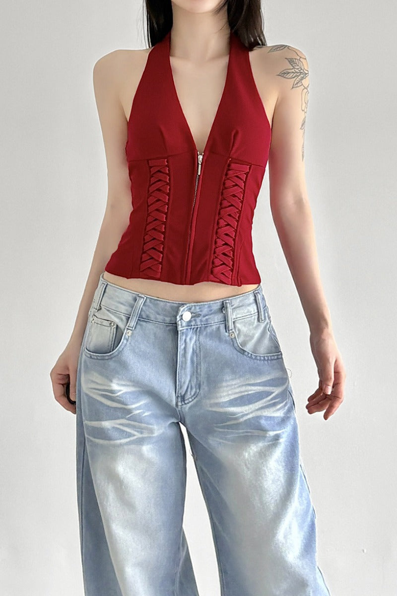 Sleek Halter Zip-Up Corset with Lattice Sides
