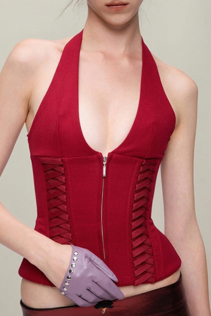 Sleek Halter Zip-Up Corset with Lattice Sides