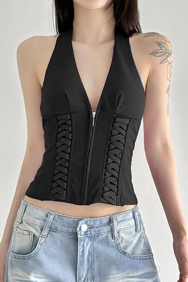 Sleek Halter Zip-Up Corset with Lattice Sides