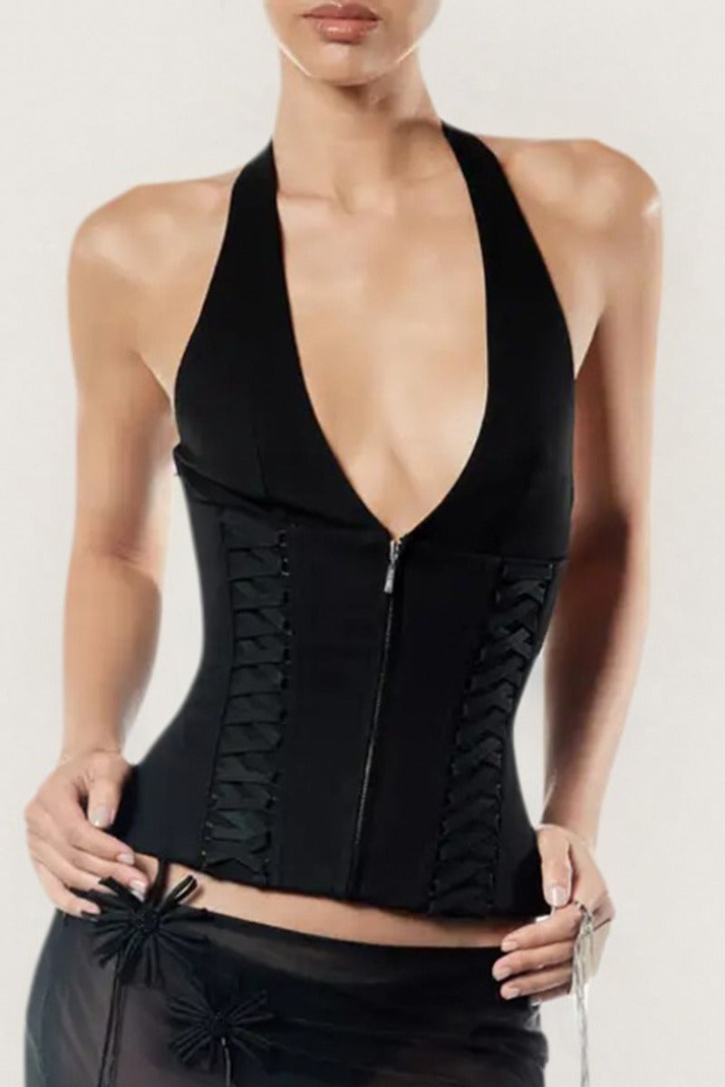 Sleek Halter Zip-Up Corset with Lattice Sides