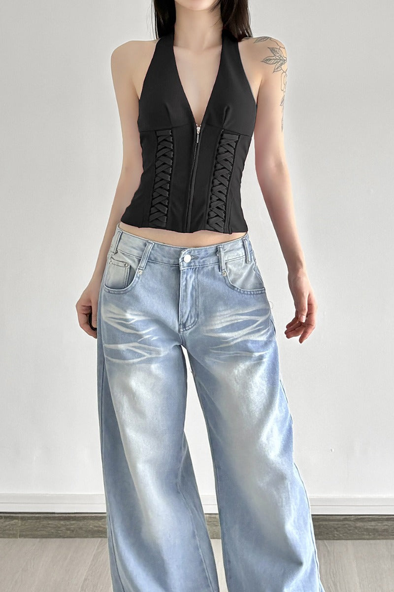 Sleek Halter Zip-Up Corset with Lattice Sides