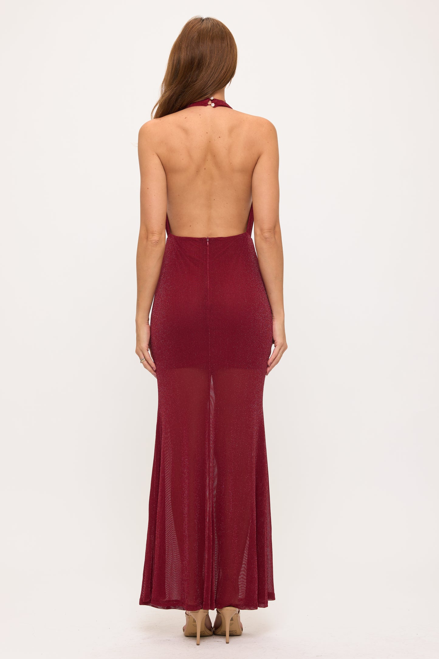 Halter Cowl Neck Mesh Maxi Dress