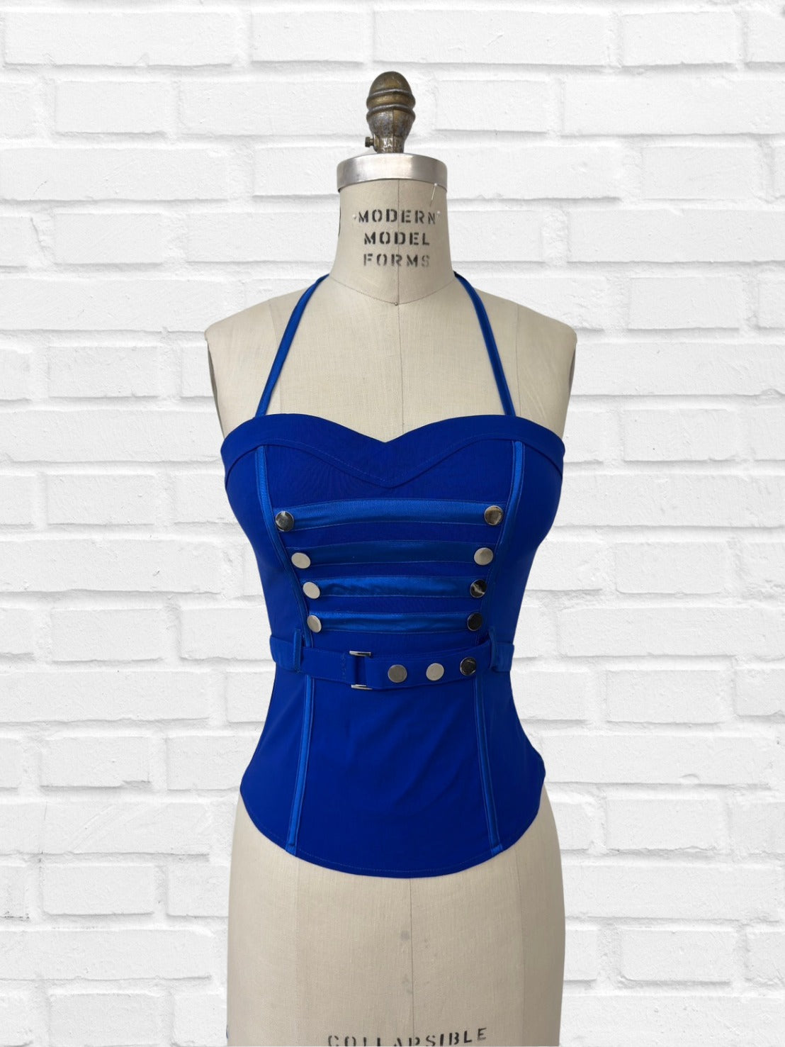 BUTTON TRIM BELTED HALTER NECK CORSET TOP