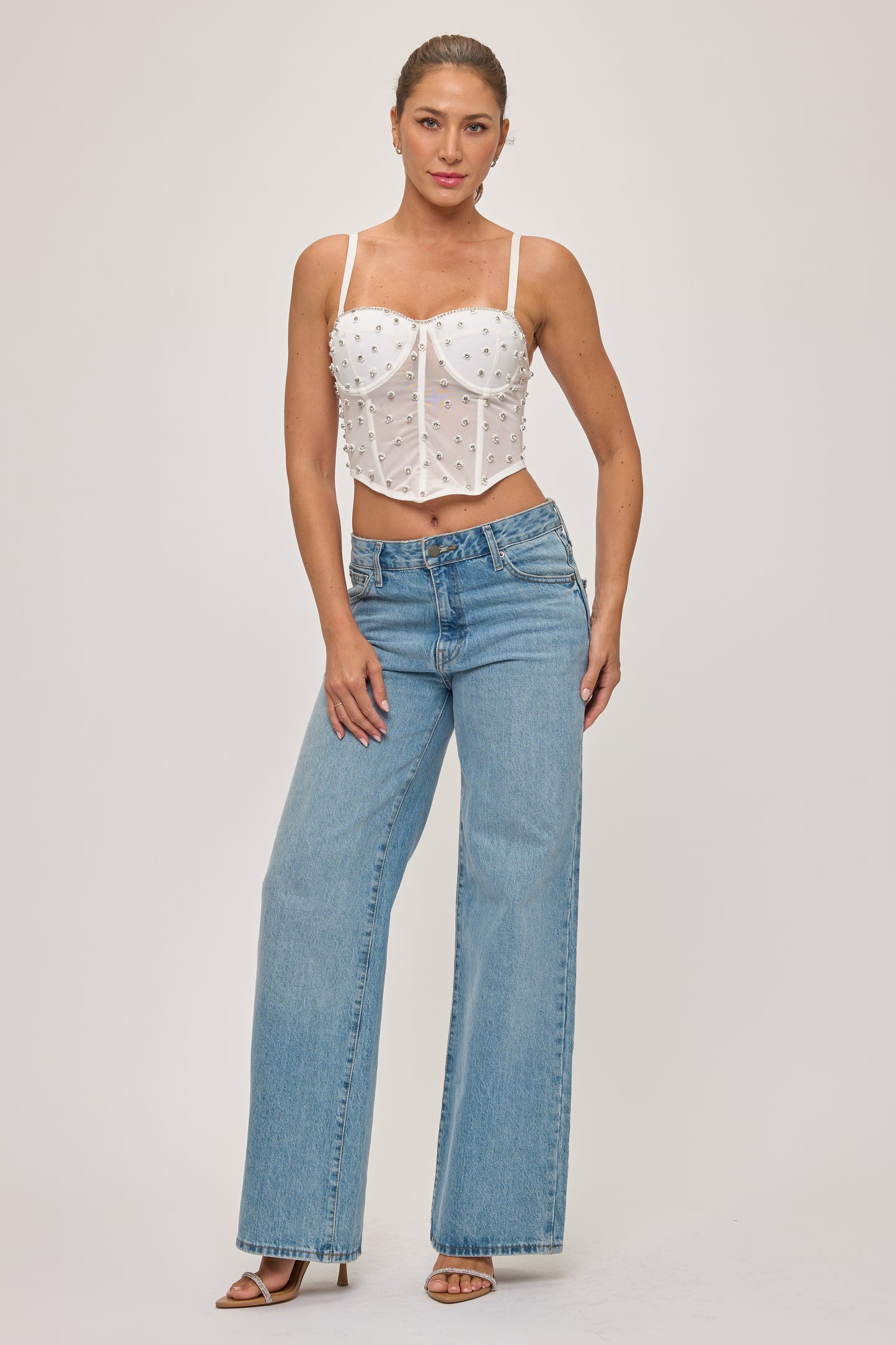 Mesh Corset Top with Rhinestones & Pearls_D7329