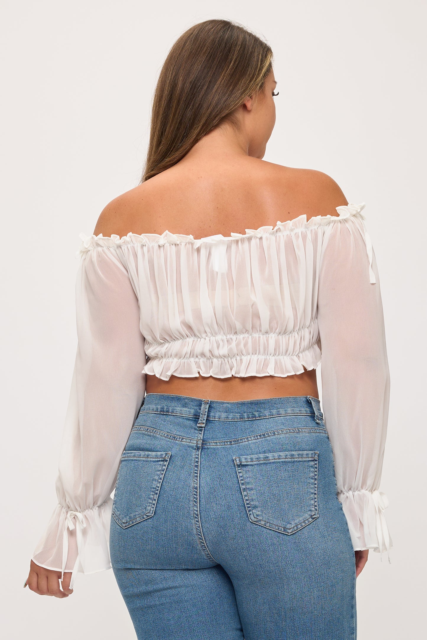 OFF SHOULDER RUFFLE TRIM KNOT SLEEVE CROP TOP PLUS