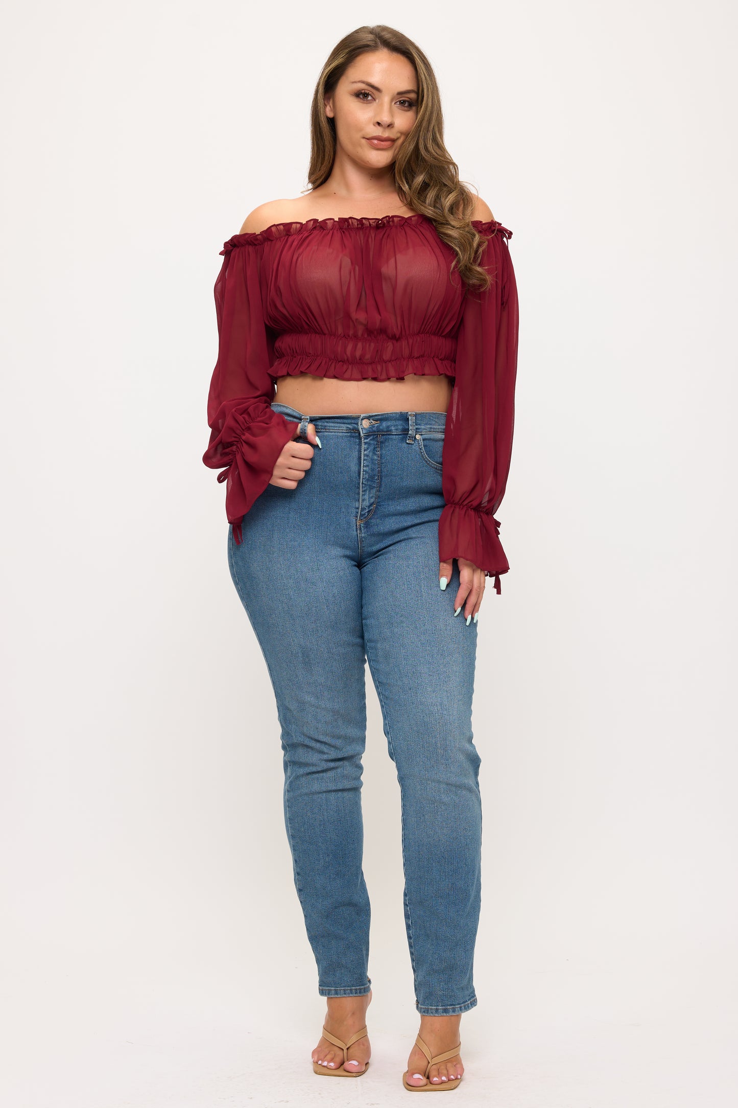 OFF SHOULDER RUFFLE TRIM KNOT SLEEVE CROP TOP PLUS