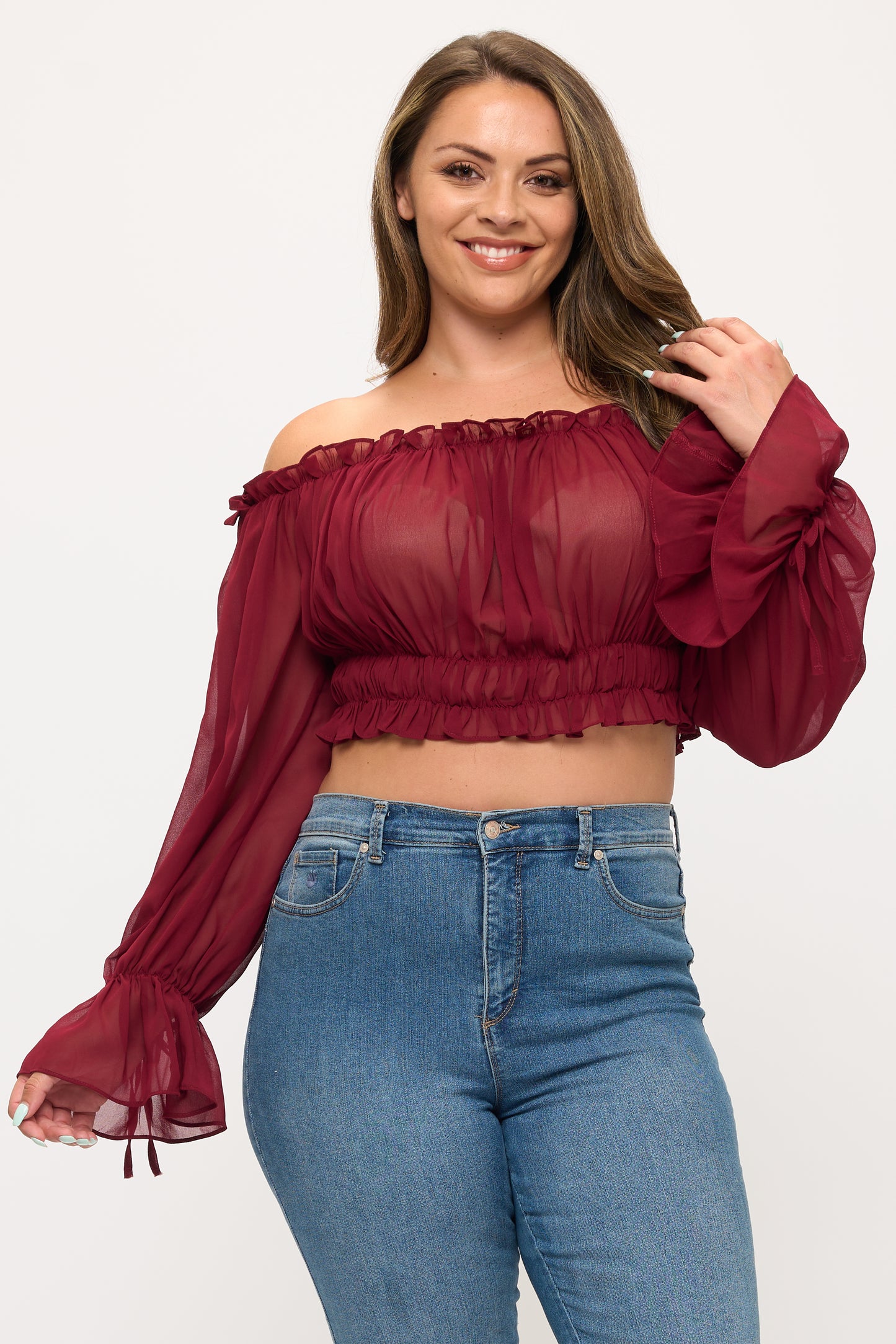 OFF SHOULDER RUFFLE TRIM KNOT SLEEVE CROP TOP PLUS