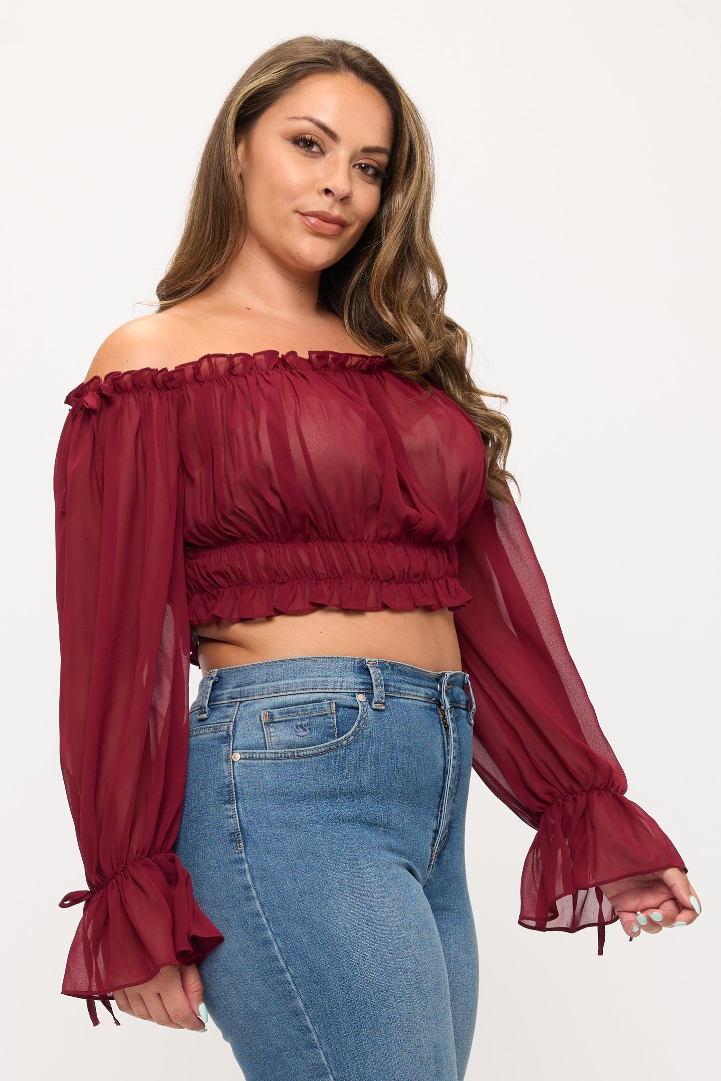 OFF SHOULDER RUFFLE TRIM KNOT SLEEVE CROP TOP PLUS