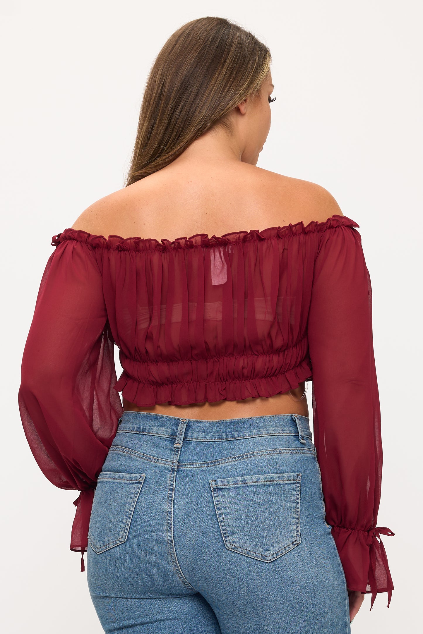 OFF SHOULDER RUFFLE TRIM KNOT SLEEVE CROP TOP PLUS
