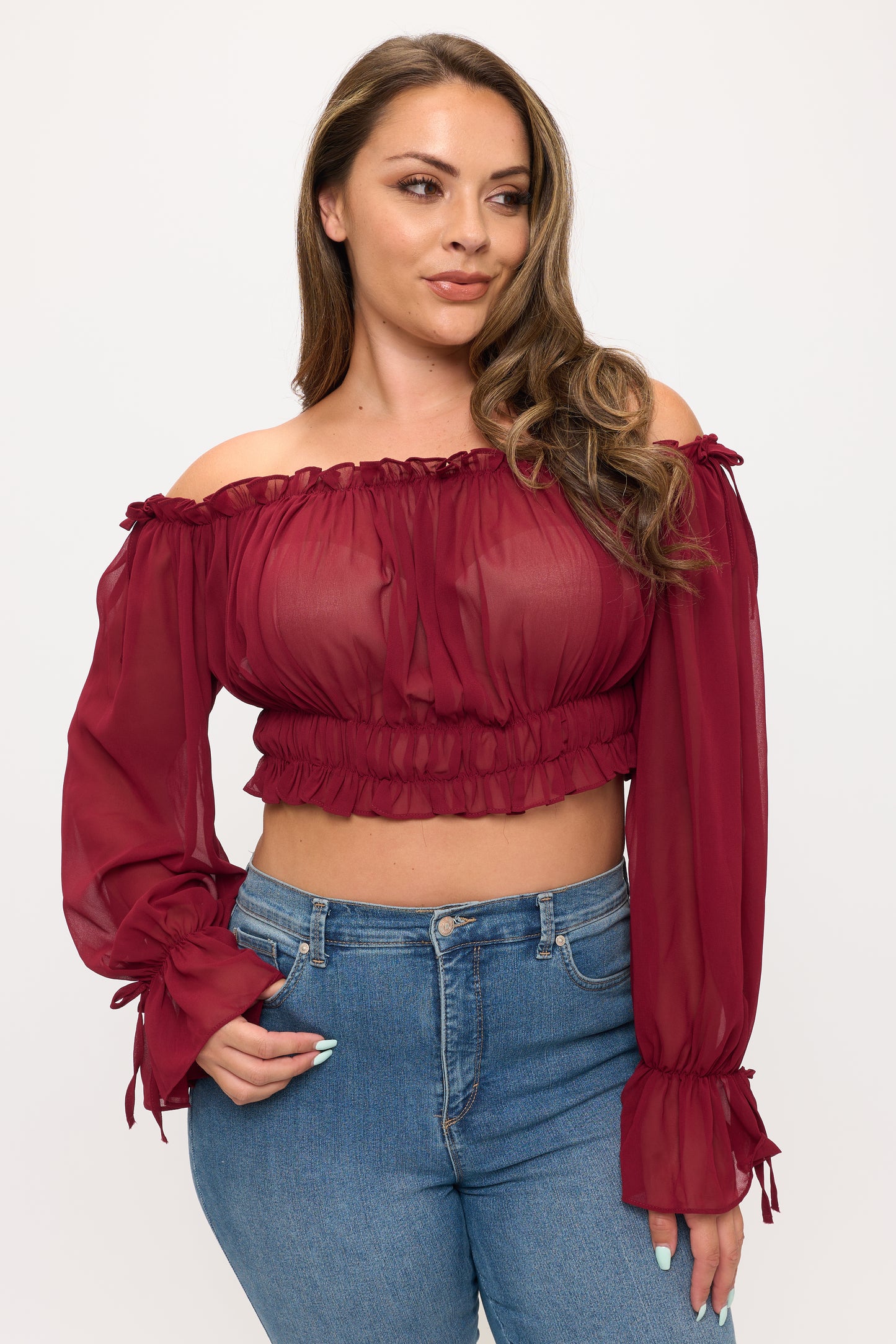 OFF SHOULDER RUFFLE TRIM KNOT SLEEVE CROP TOP PLUS