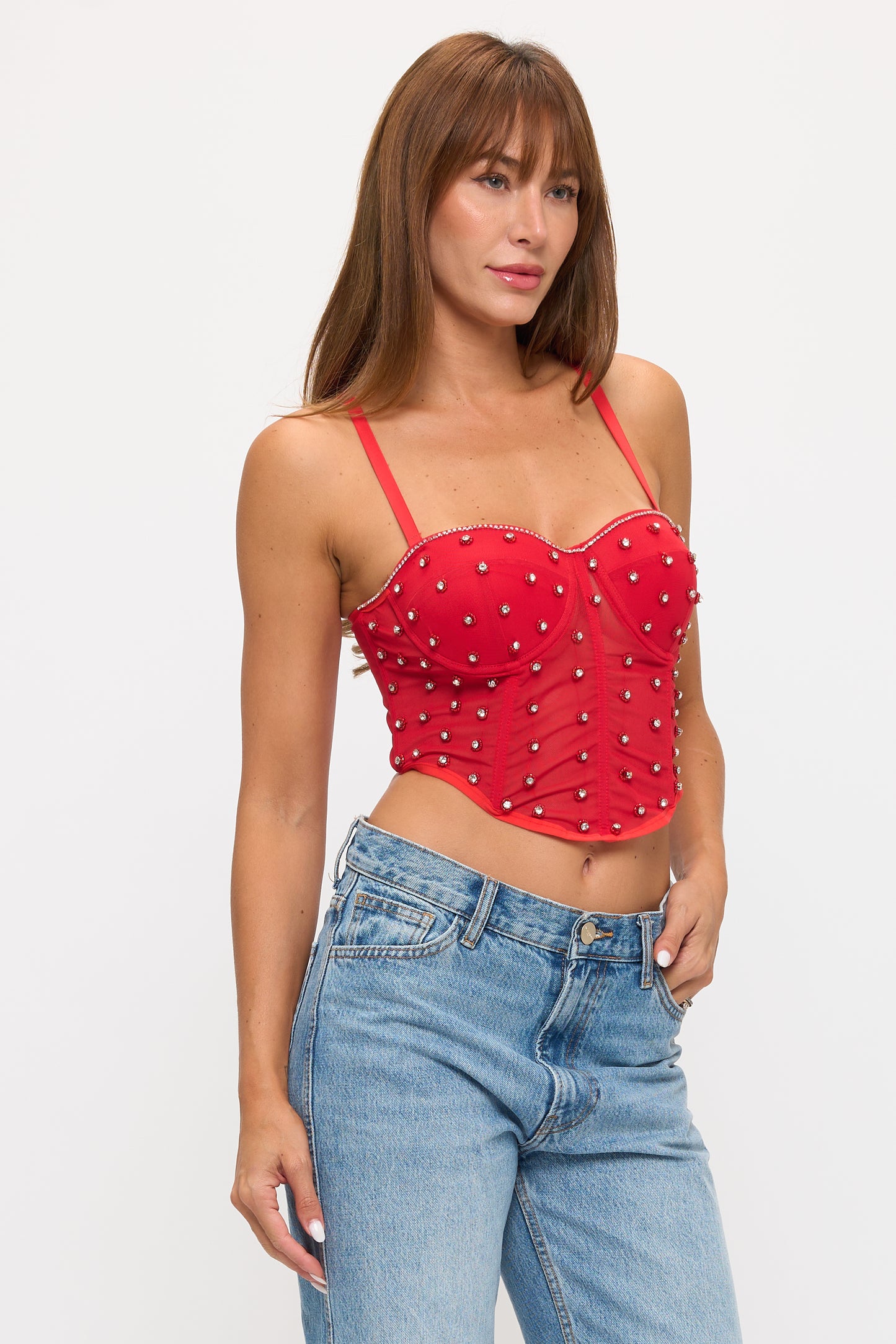 Mesh Corset Top with Rhinestones & Pearls_D7329