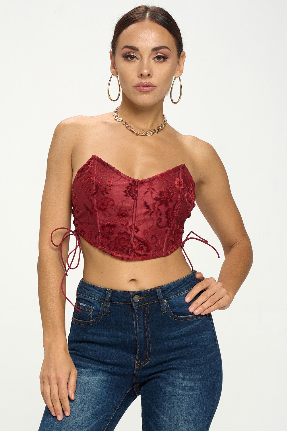 VELVET STRAPLESS SIDE LACE UP CORSET TOP